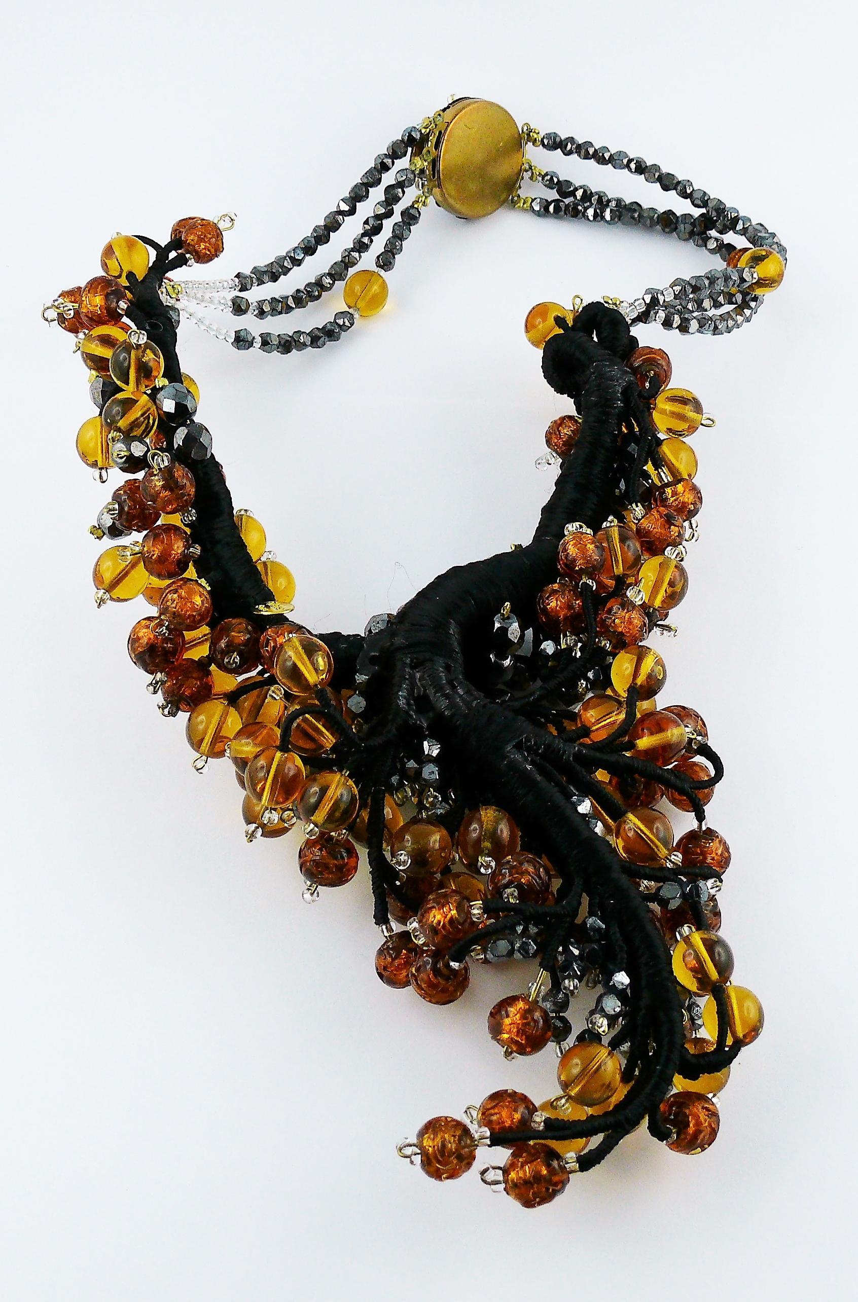 Jean Louis Scherrer Vintage Amber and Jet black Glass Beads Cluster Necklace For Sale 4