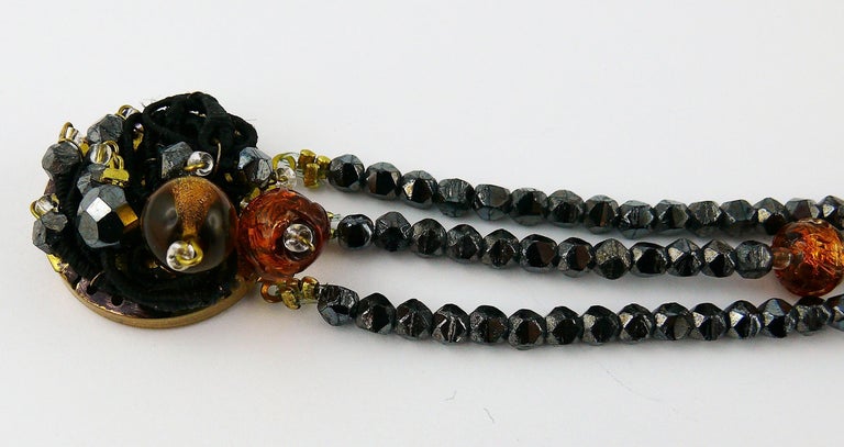 Jean Louis Scherrer Vintage Amber and Jet black Glass Beads Cluster Necklace In Excellent Condition For Sale In Nice, FR