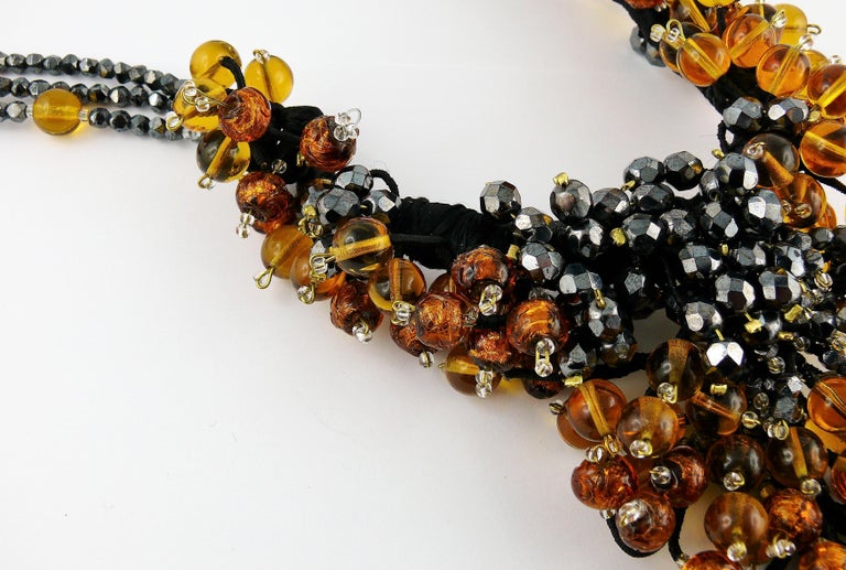 Jean Louis Scherrer Vintage Amber and Jet black Glass Beads Cluster Necklace For Sale 1