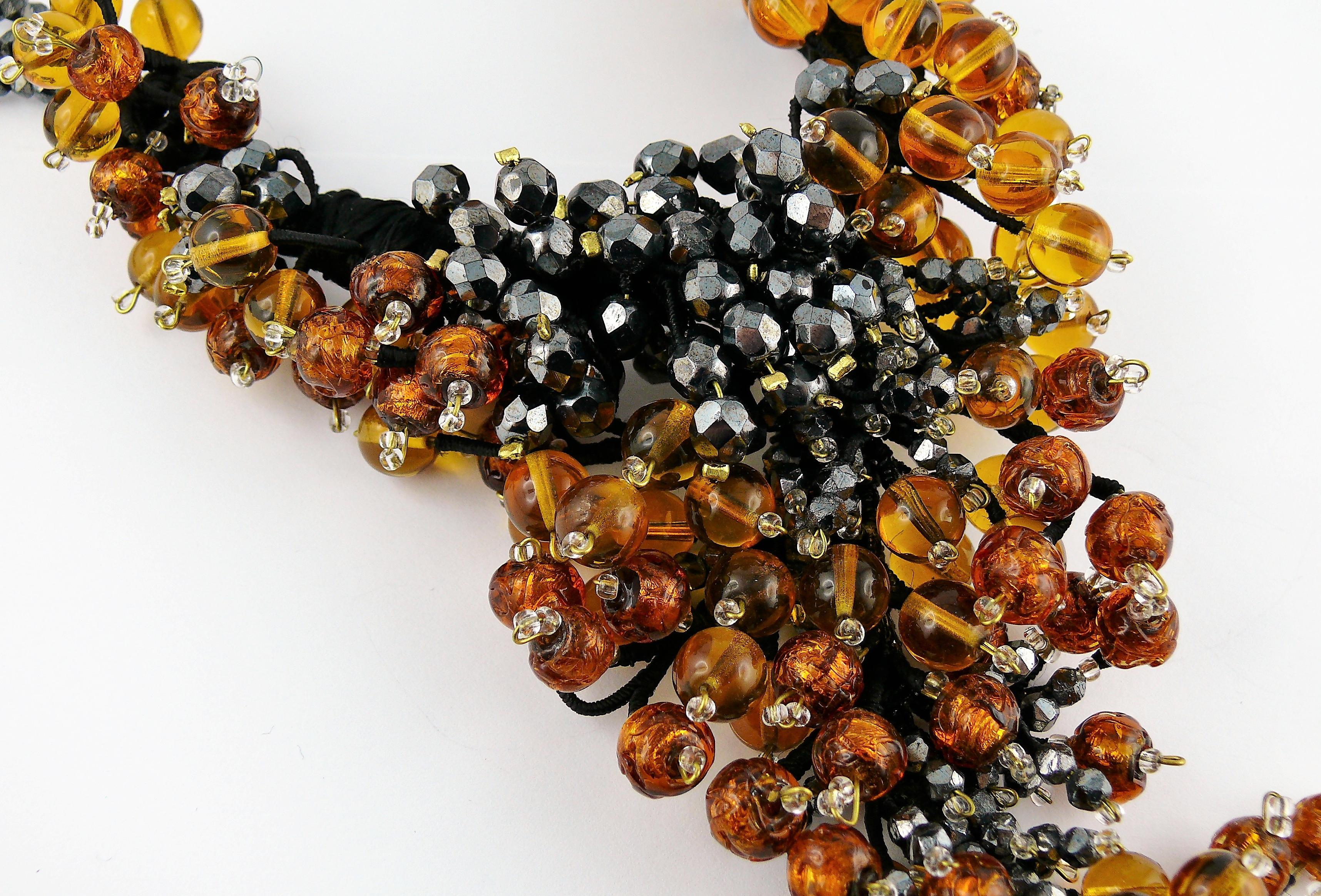 Jean Louis Scherrer Vintage Amber and Jet black Glass Beads Cluster Necklace In Excellent Condition For Sale In Nice, FR