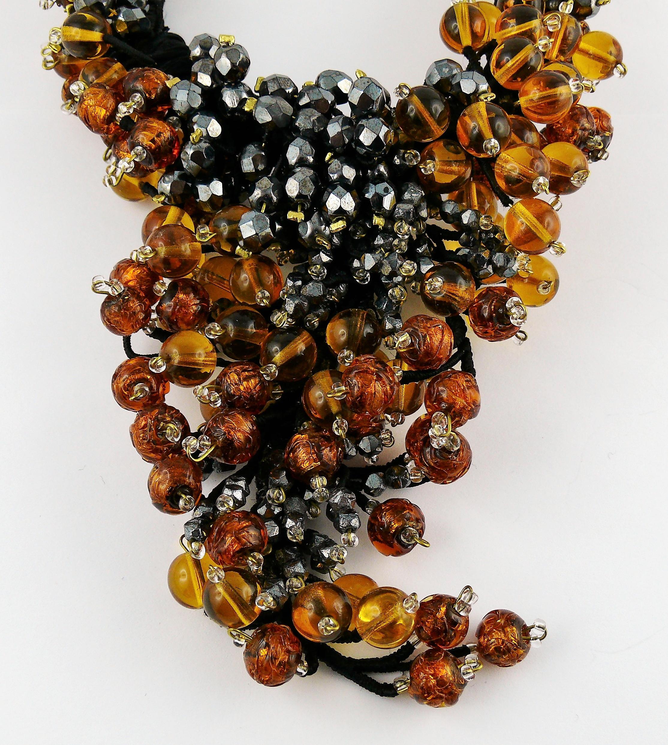 Women's Jean Louis Scherrer Vintage Amber and Jet black Glass Beads Cluster Necklace For Sale