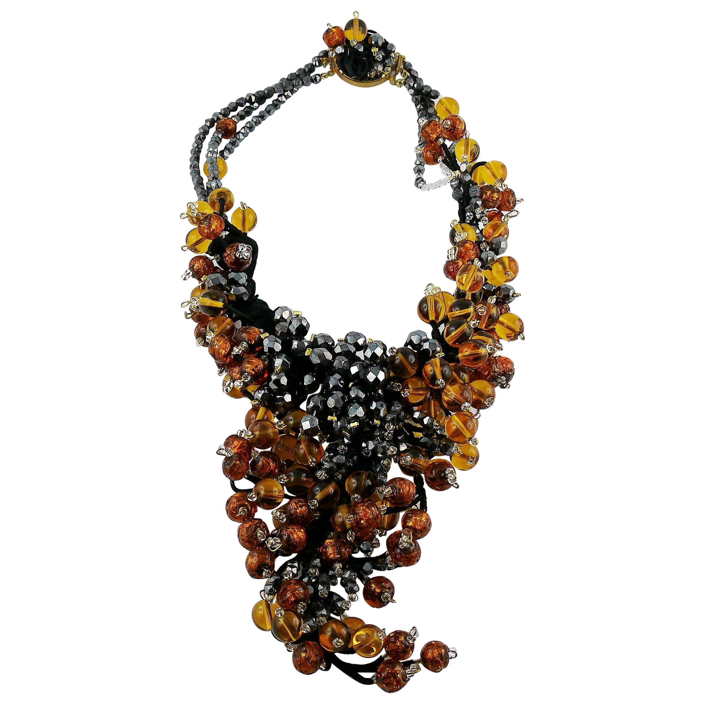 Jean Louis Scherrer Vintage Amber and Jet black Glass Beads Cluster Necklace