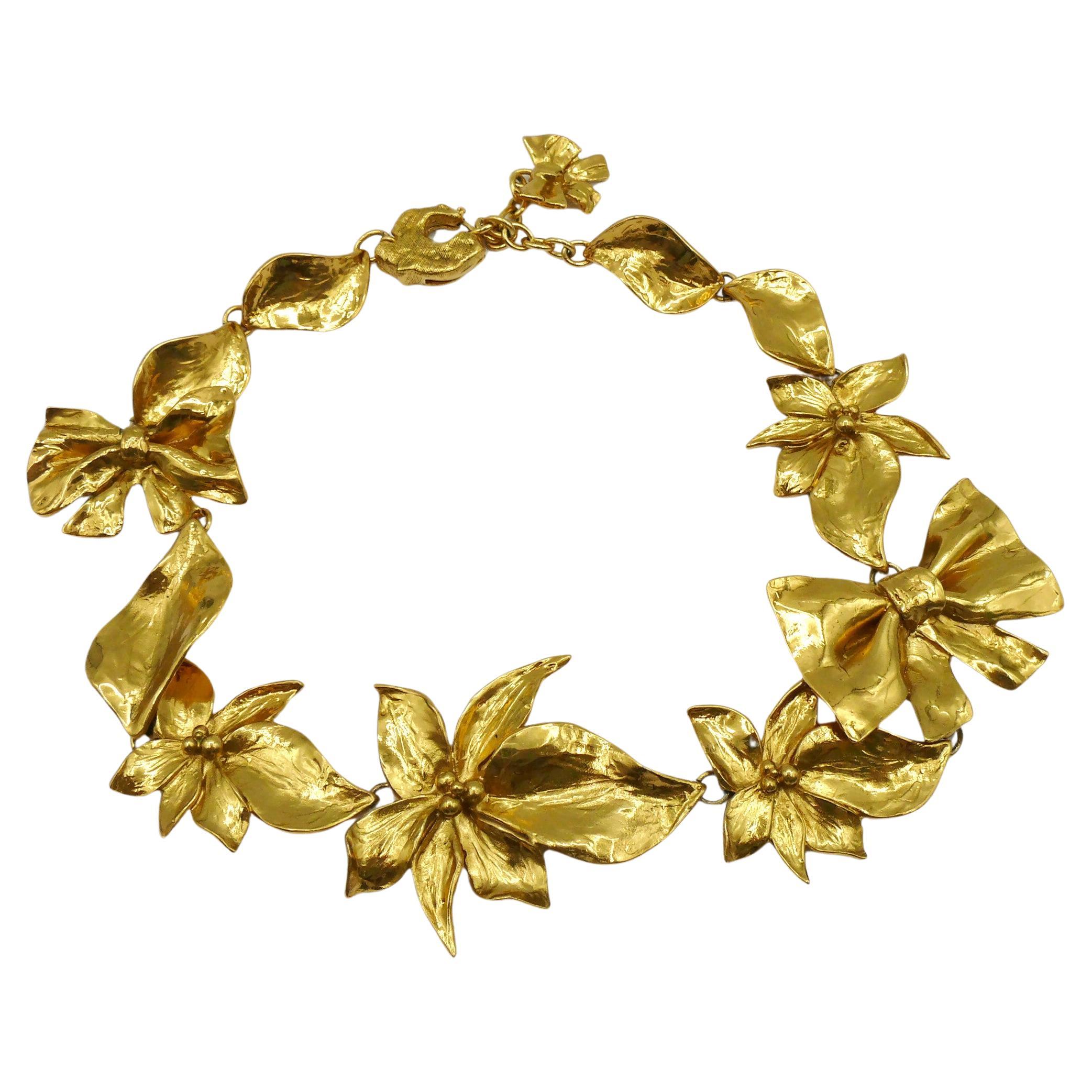 JEAN LOUIS SCHERRER Vintage Gold Tone Flower & Bow Necklace