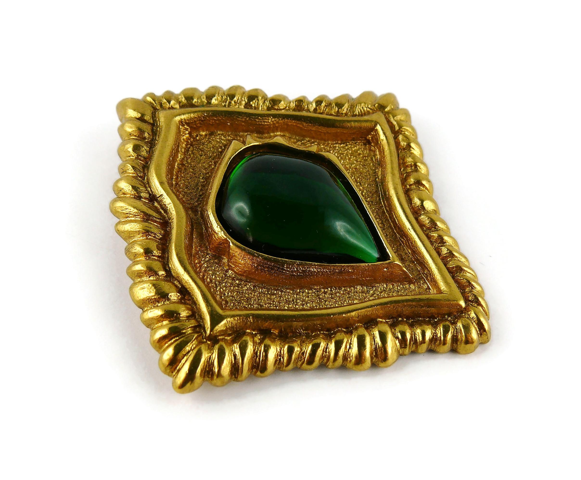 Women's Jean Louis Scherrer Vintage Gold Toned and Green Cabochon Diamond-Shaped Brooch For Sale