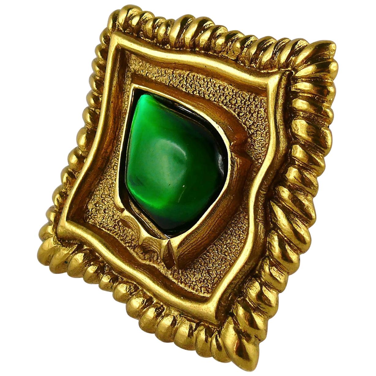 Jean Louis Scherrer Vintage Gold Toned and Green Cabochon Diamond-Shaped Brooch For Sale