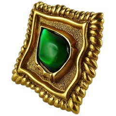 Jean Louis Scherrer Vintage Gold Toned and Green Cabochon Diamond-Shaped Brooch