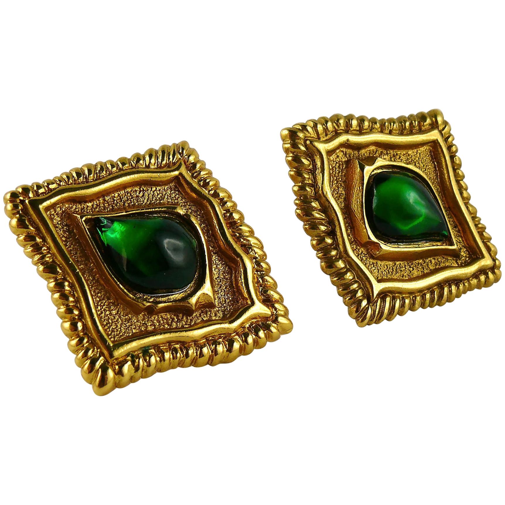 Jean Louis Scherrer Vintage Gold Toned & Green Cabochon Diamond-Shaped Earrings For Sale