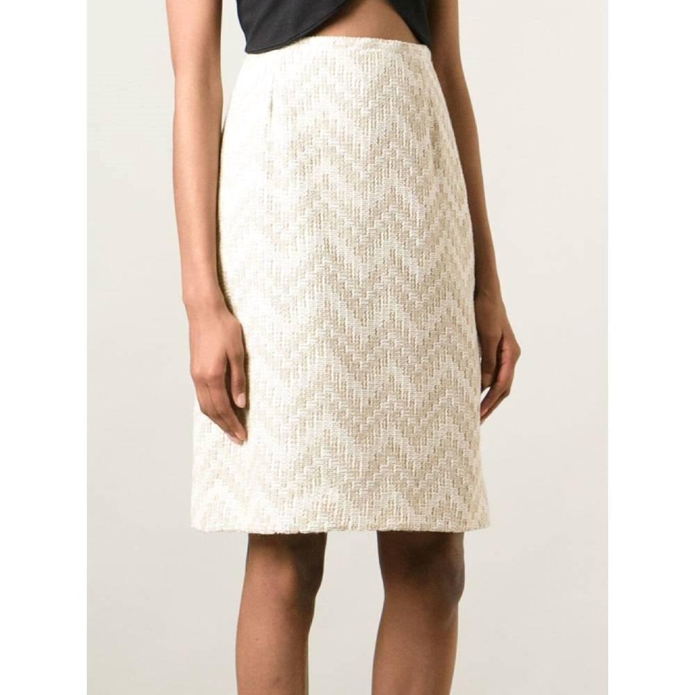 Jean Louis Scherrer Vintage ivory knitted cotton midi high waisted 90s skirt In Excellent Condition For Sale In Lugo (RA), IT