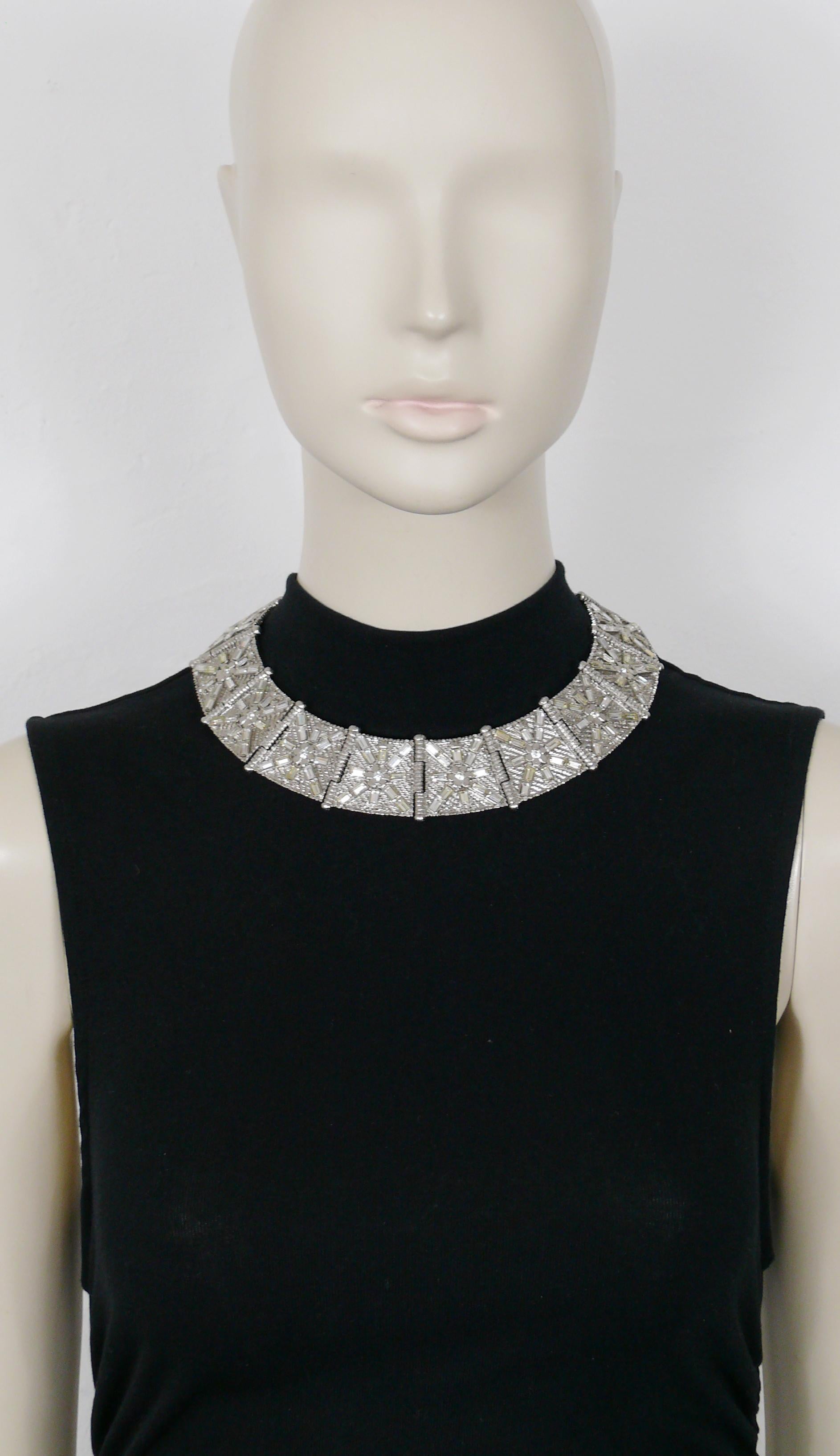 JEAN LOUIS SCHERRER vintage ART DECO design inspired articulated collar necklace embellished with clear crystals.

Silver tone metal hardware.

Hook clasp closure.

Marked SCHERRER Paris Made in France.

Indicative measurements : inner circumference