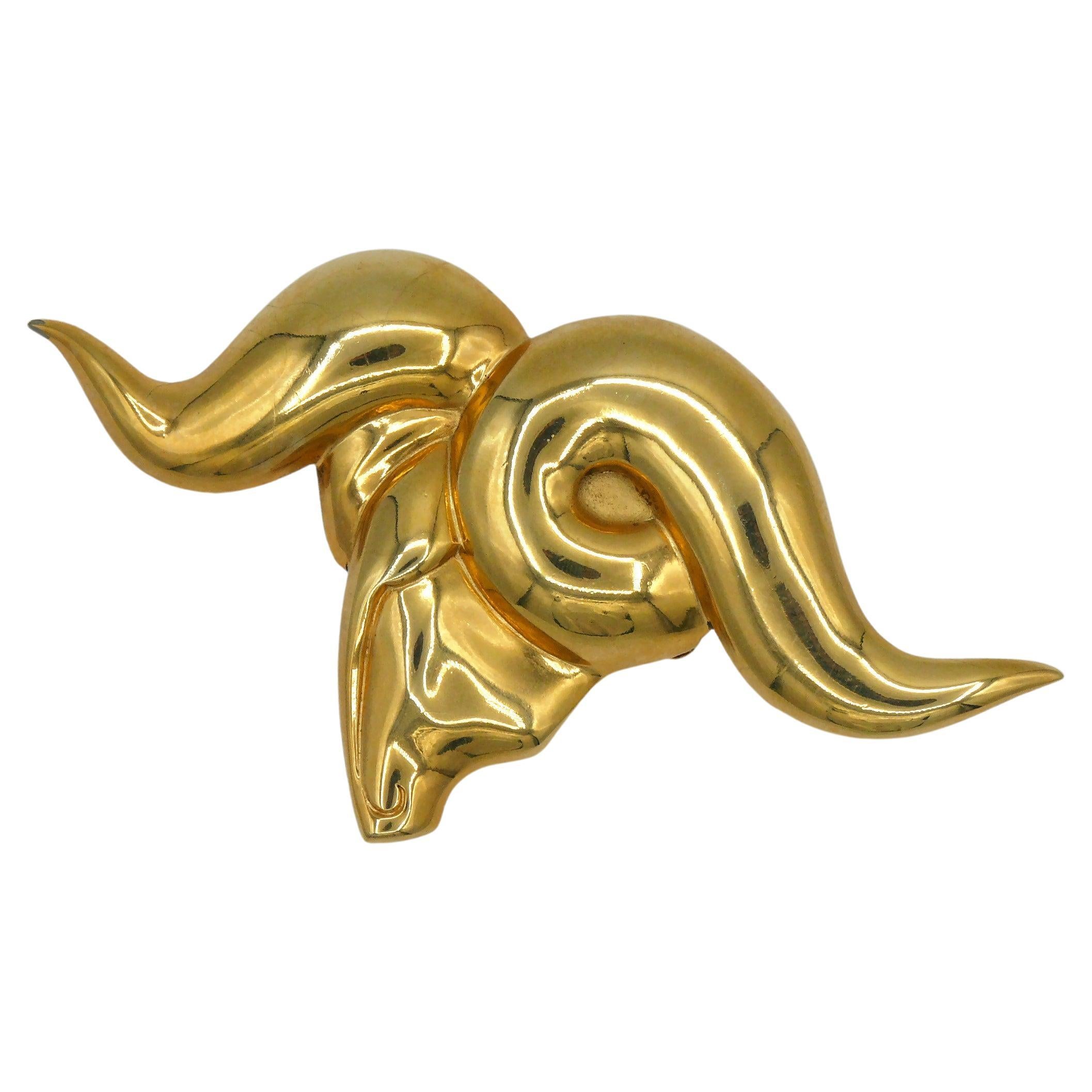 JEAN LOUIS SCHERRER Vintage Massive Gold Tone Ram's Head Brooch For Sale