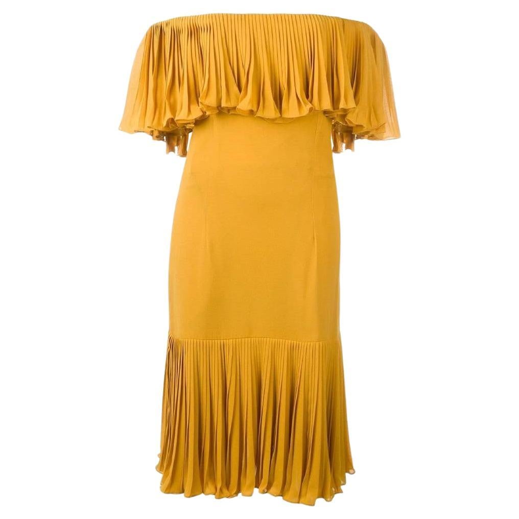 Jean-Louis Scherrer Vintage ochre silk 70s boatneck pleated dress For Sale