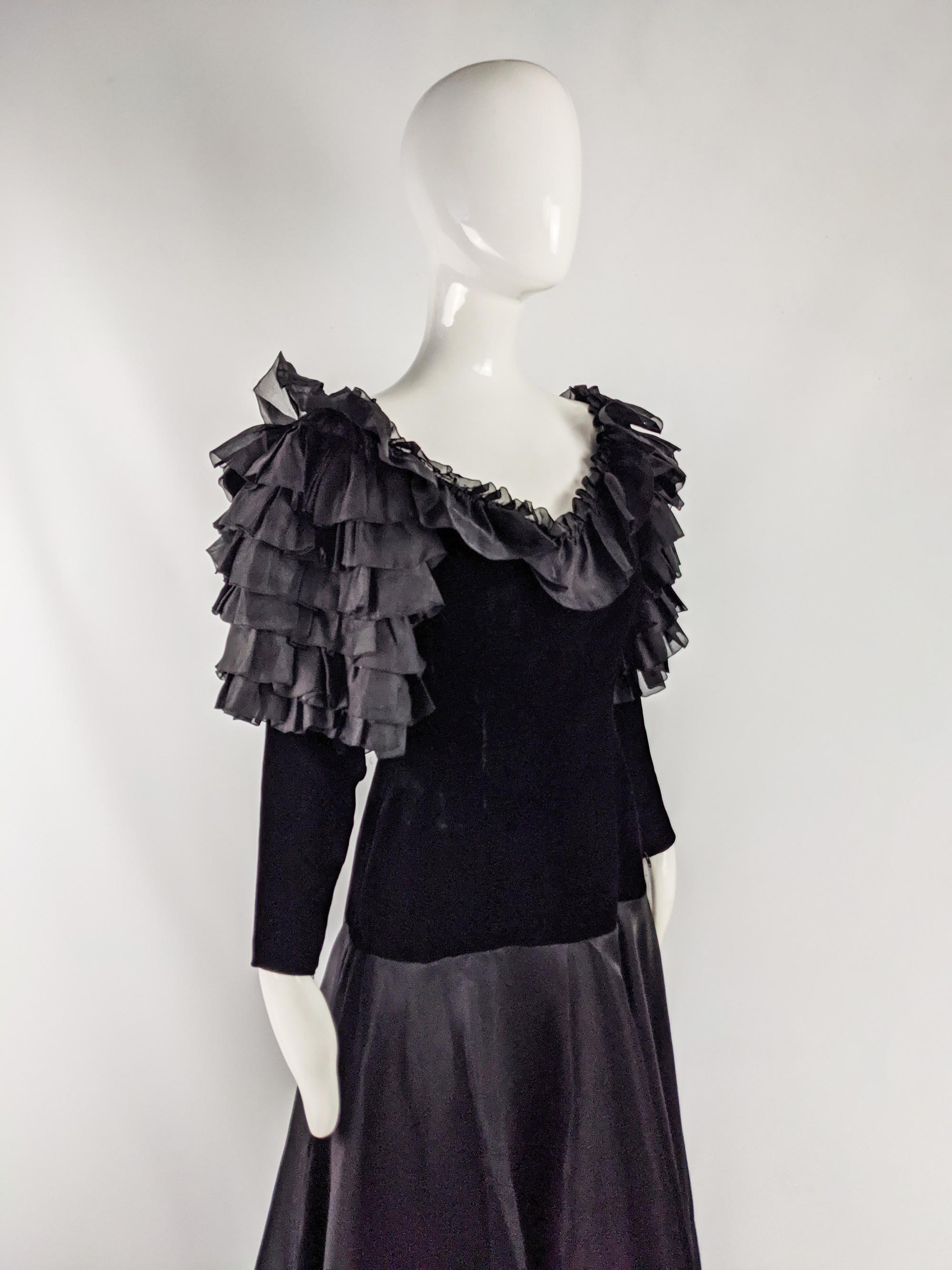 Black Jean Louis Scherrer Vintage Ruffled Silk Organza & Velvet Evening Gown 1980s For Sale
