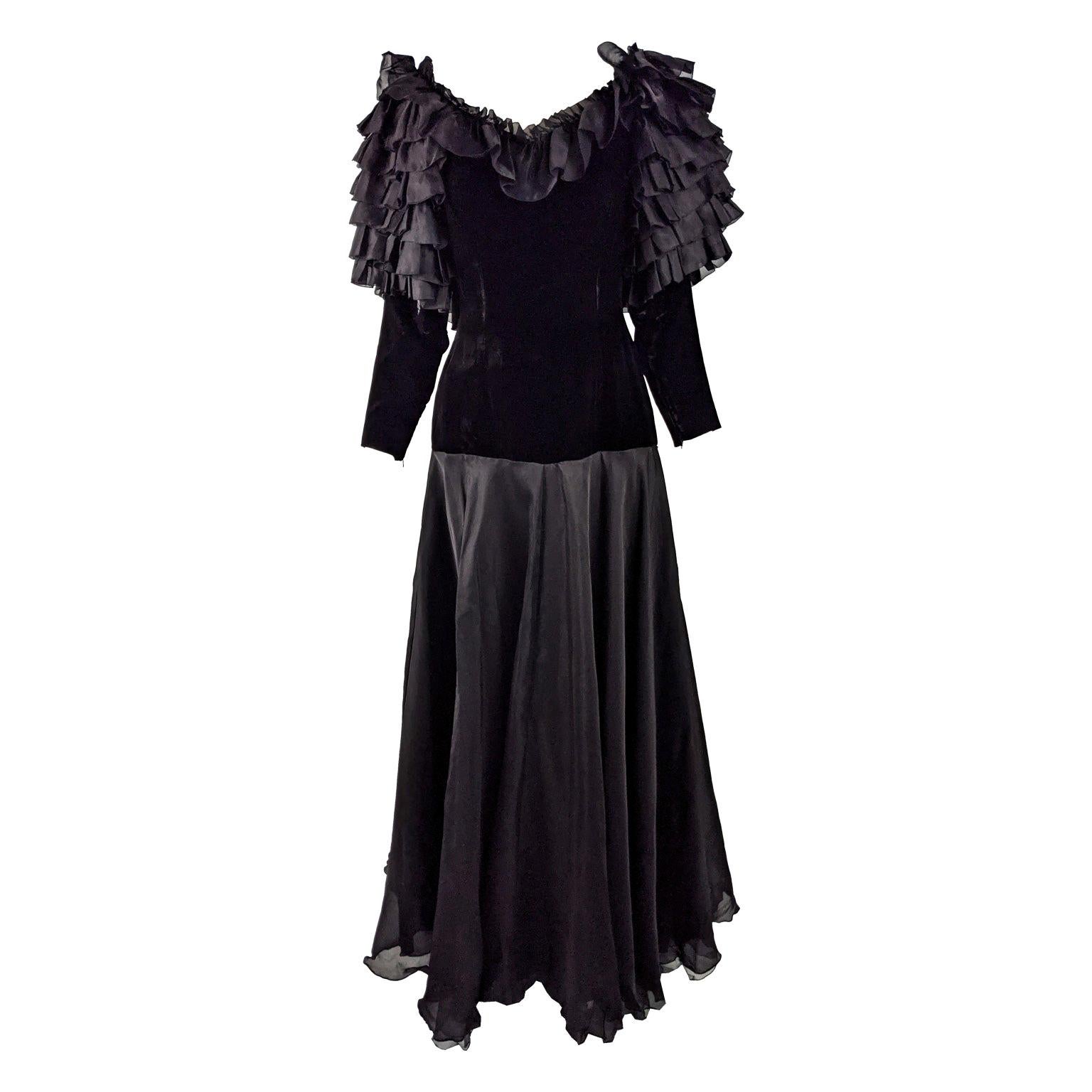 Jean Louis Scherrer Vintage Ruffled Silk Organza & Velvet Evening Gown 1980s For Sale