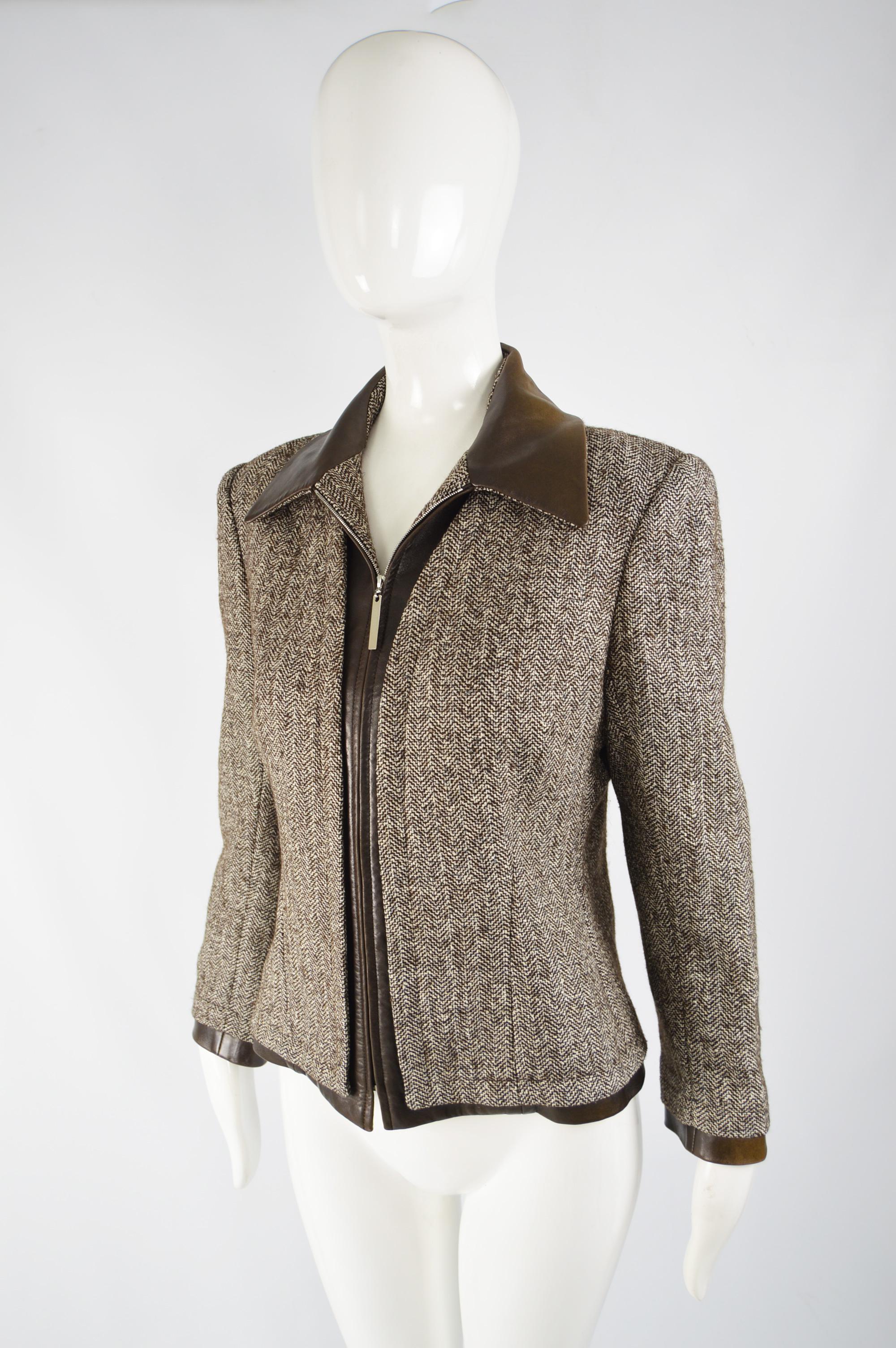 Gray Jean Louis Scherrer Vintage Silk Tweed & Leather Jacket