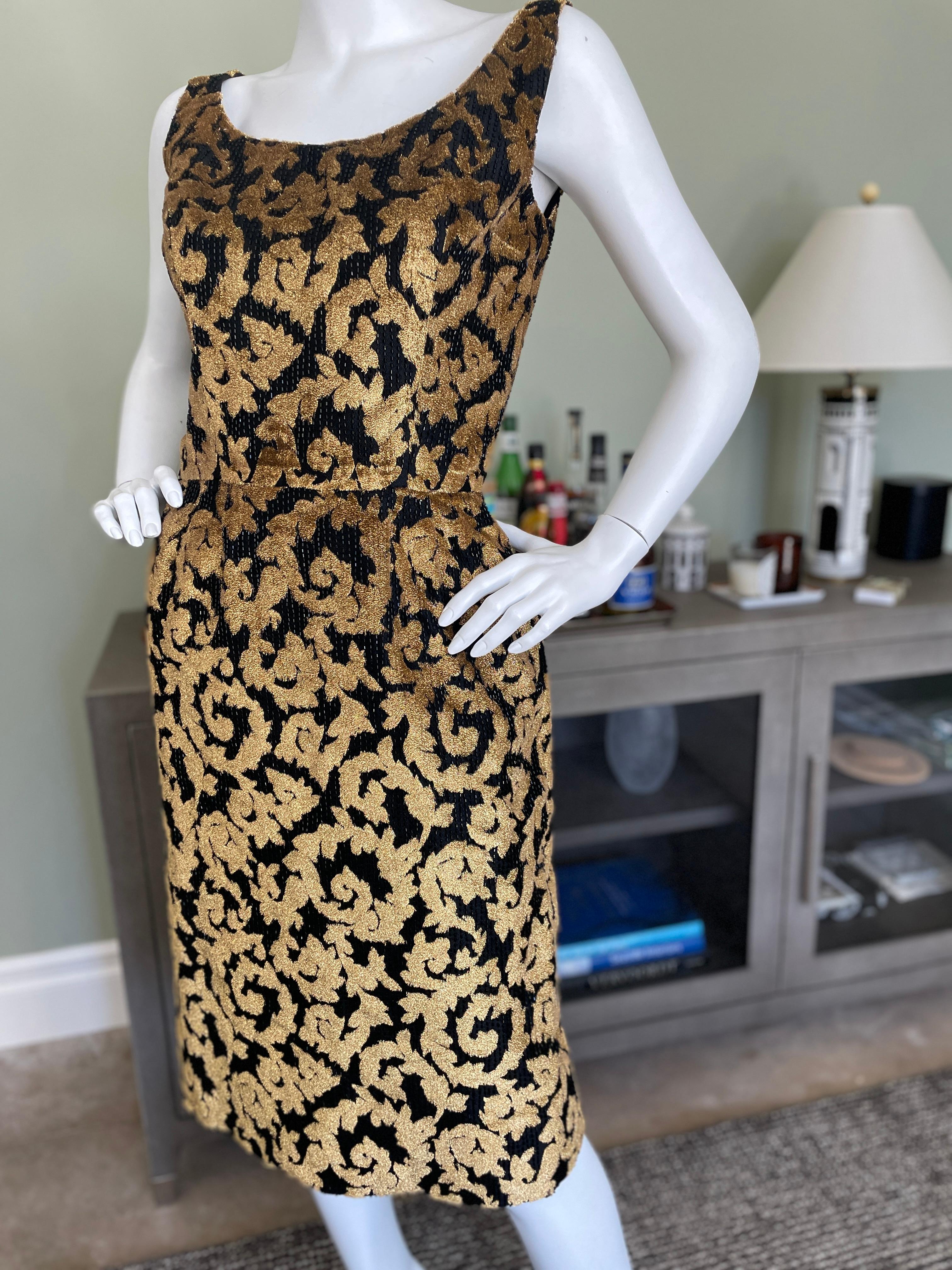Jean Louis Vintage 1960's Beaded Baroque Pattern Panne Velvet Sheath Dress.
Gold panne velvet in scroll baroque pattern with black glass bugle beads.
Stunning. Please use the zoom feature to see all the remarkable details. 
 Size 12 in 1960 is more