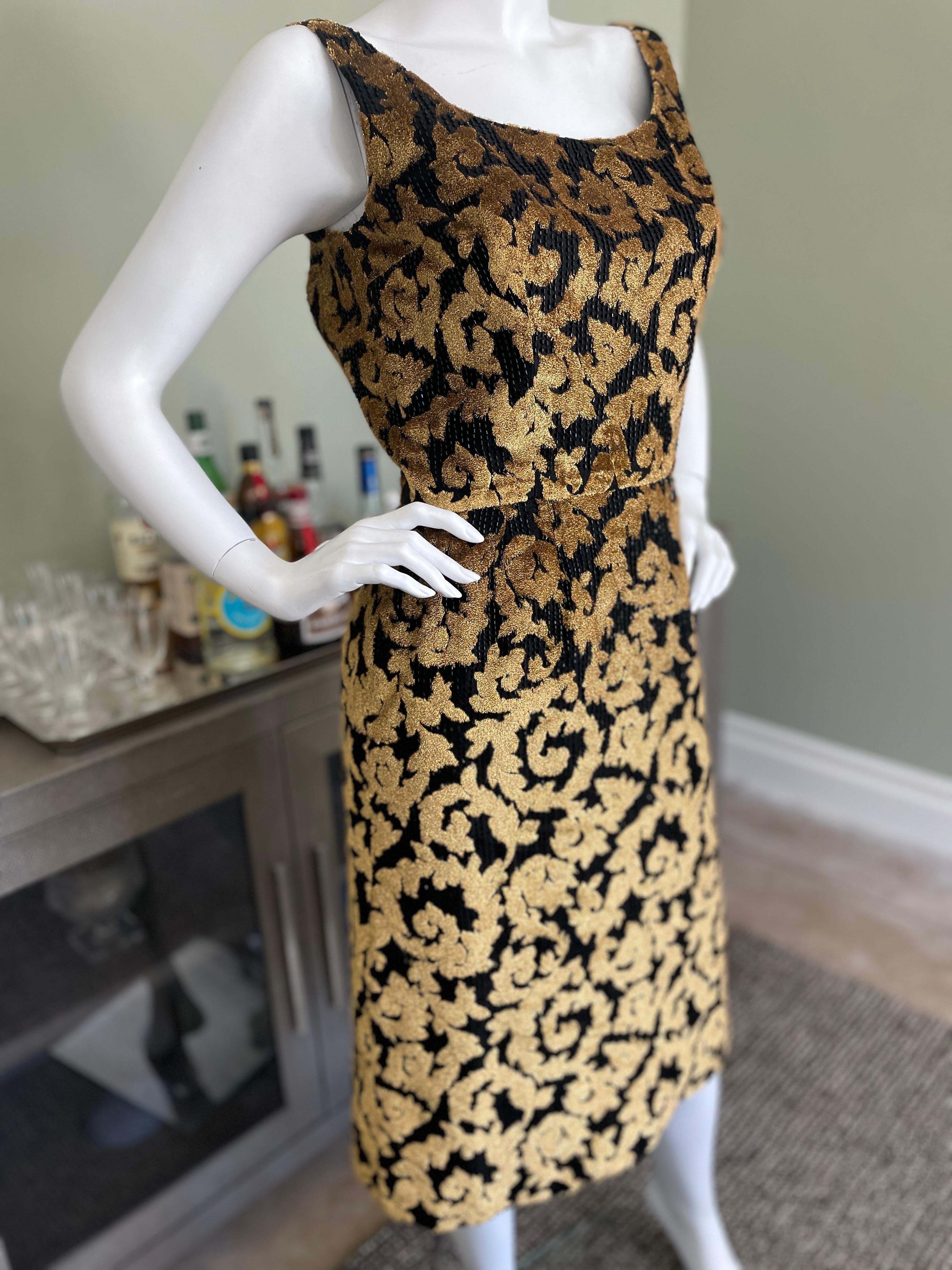 Brown Jean Louis Vintage 1960's Beaded Baroque Pattern Gold Panne Velvet Sheath Dress For Sale