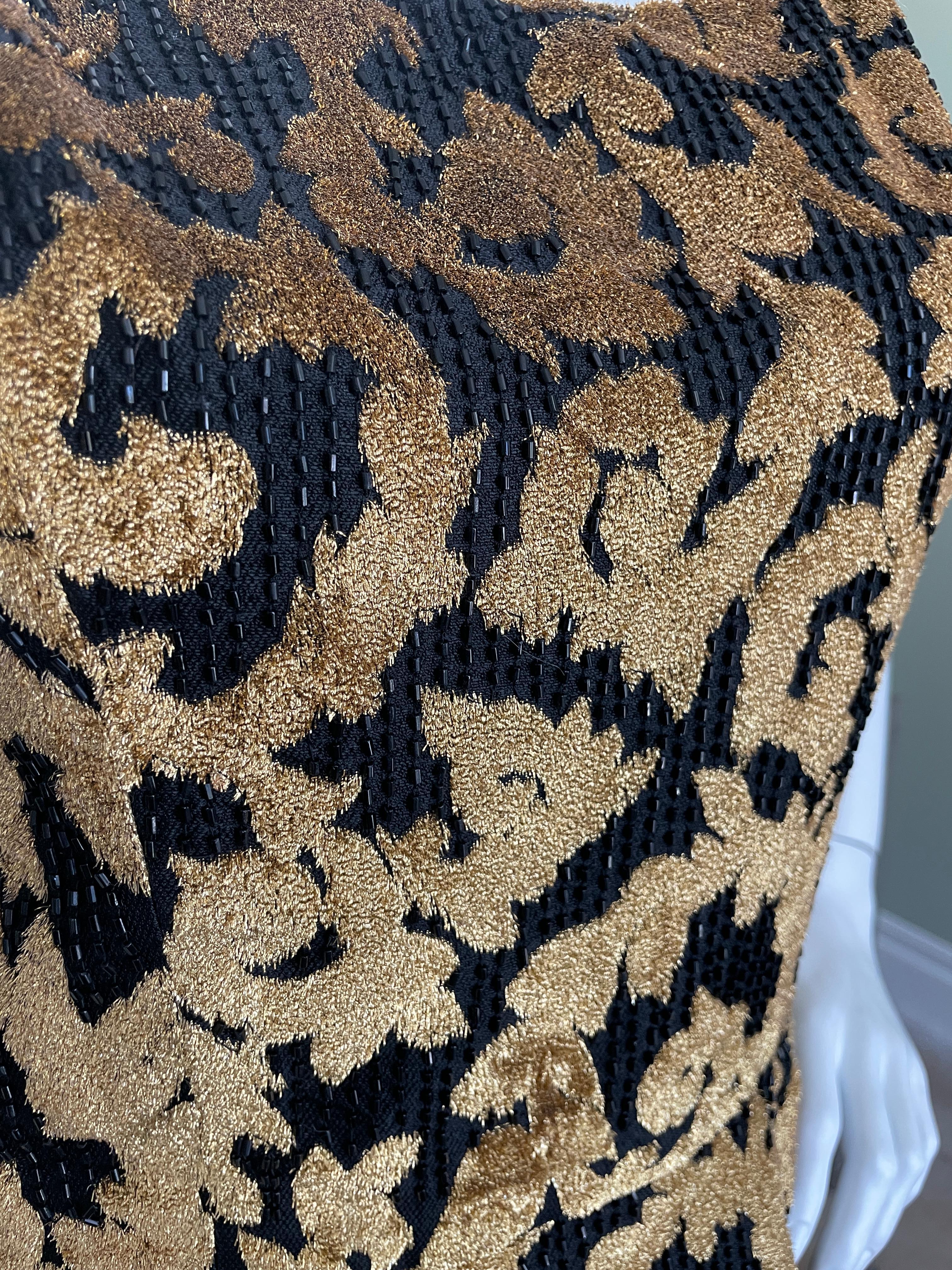 Jean Louis Vintage 1960's Beaded Baroque Pattern Gold Panne Velvet Sheath Dress In Excellent Condition For Sale In Cloverdale, CA