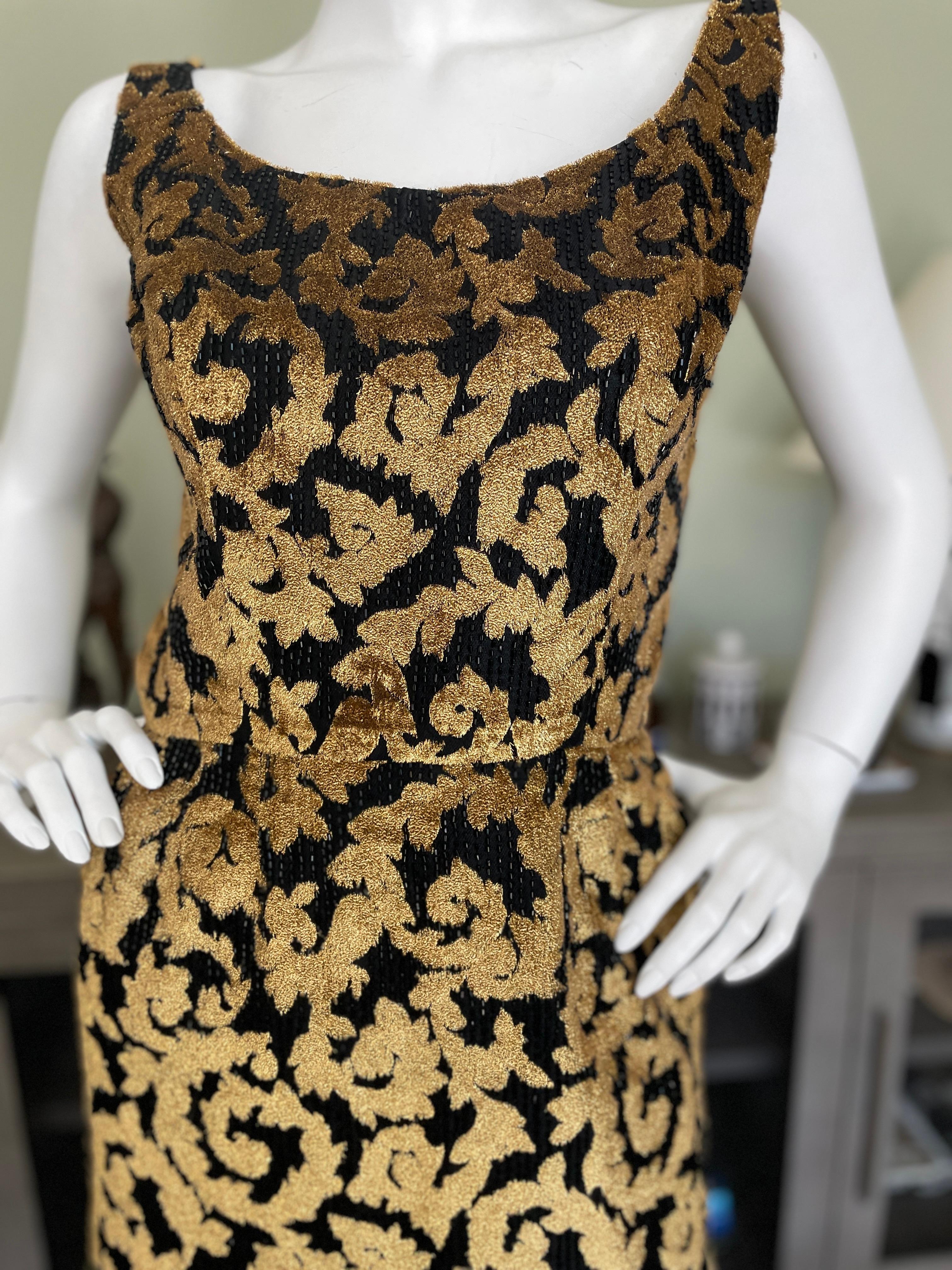 Jean Louis Vintage 1960's Beaded Baroque Pattern Gold Panne Velvet Sheath Dress For Sale 1