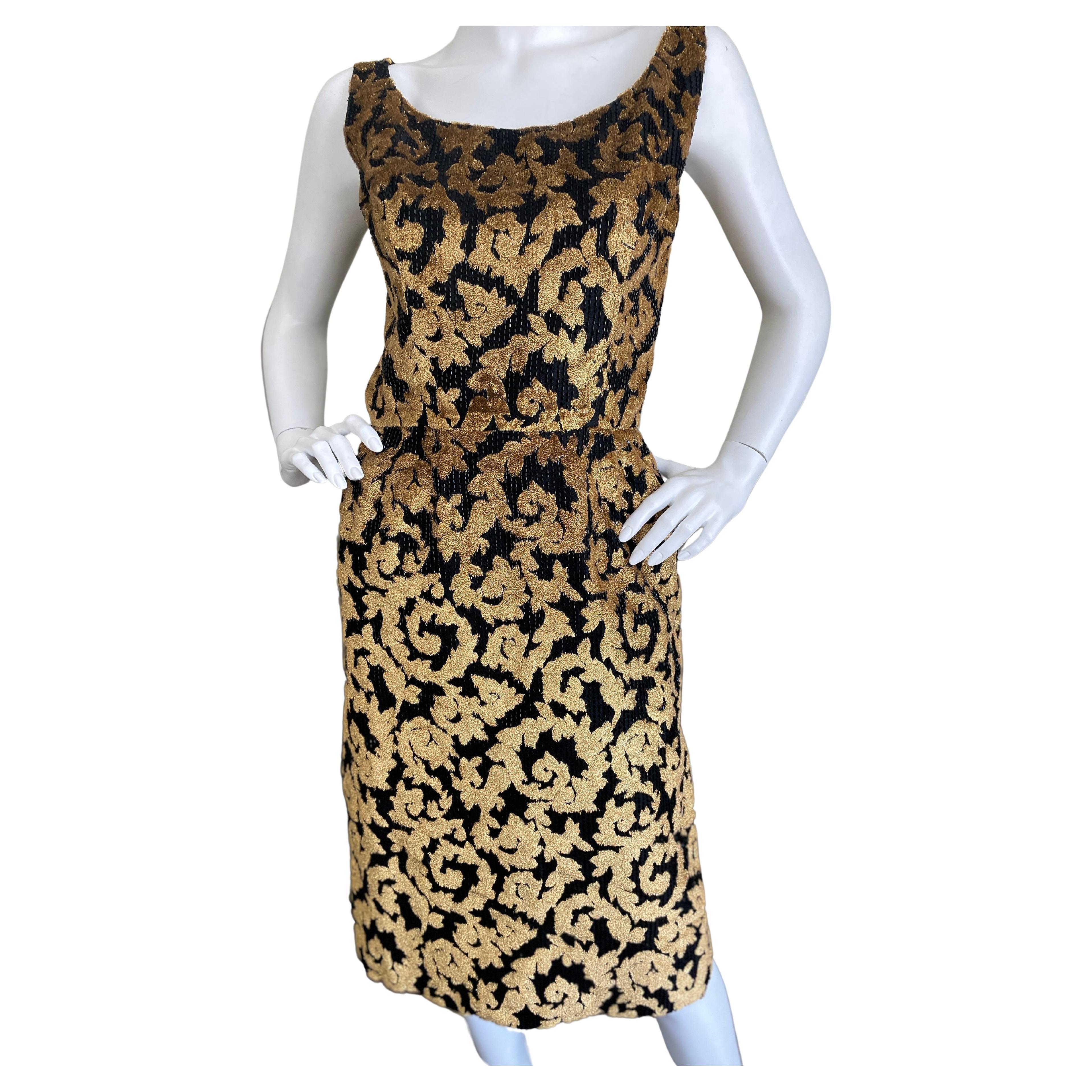 Jean Louis Vintage 1960's Beaded Baroque Pattern Gold Panne Velvet Sheath Dress