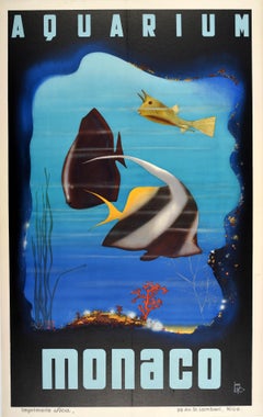 Original Vintage-Reiseplakat, Werbeplakat, Monaco Aquarium, Art déco, Ozeanmuseum, Art déco