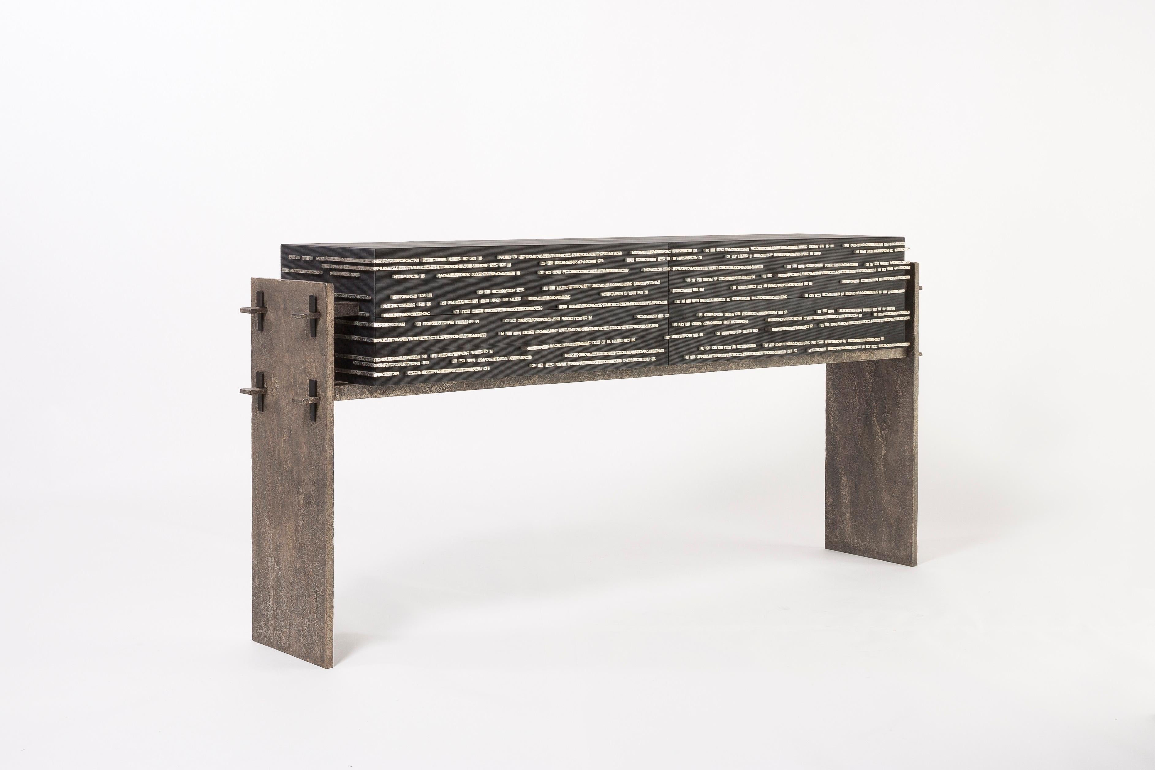From his Empreinte Collection, a series of pieces centered around a theme of destruction and reconstruction, this six-legged bench is composed of patinated bronze cast from broken and burned wooden planks. Upholstered in an unbleached, structured