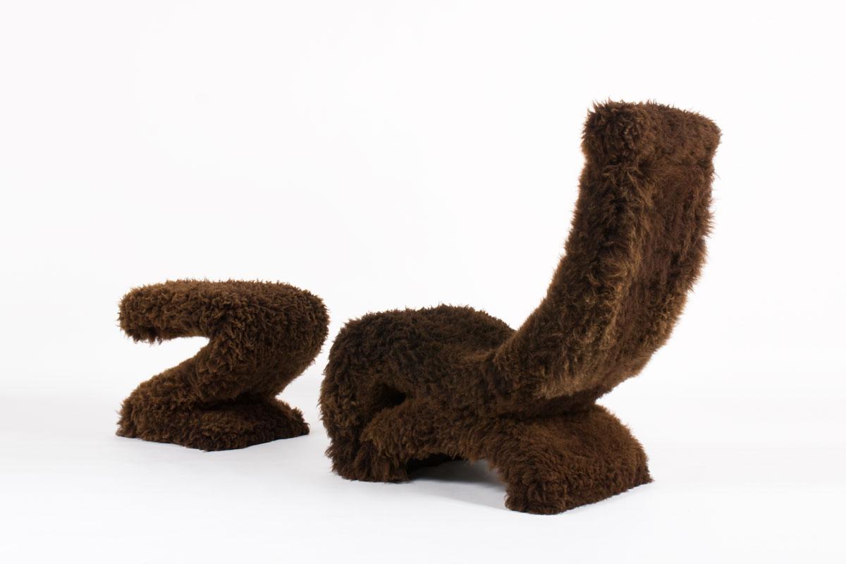 French Jean-Luc Sifferlin Armchair and Footrest in Irish Sheepskin from Norki Furrier