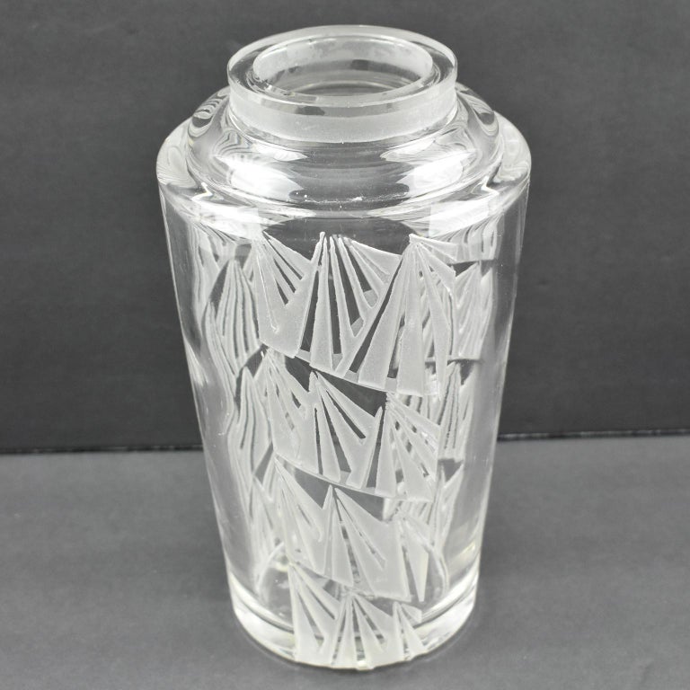 Jean Luce 1930s Art Deco Geometric Etched Glass Vase For Sale 1