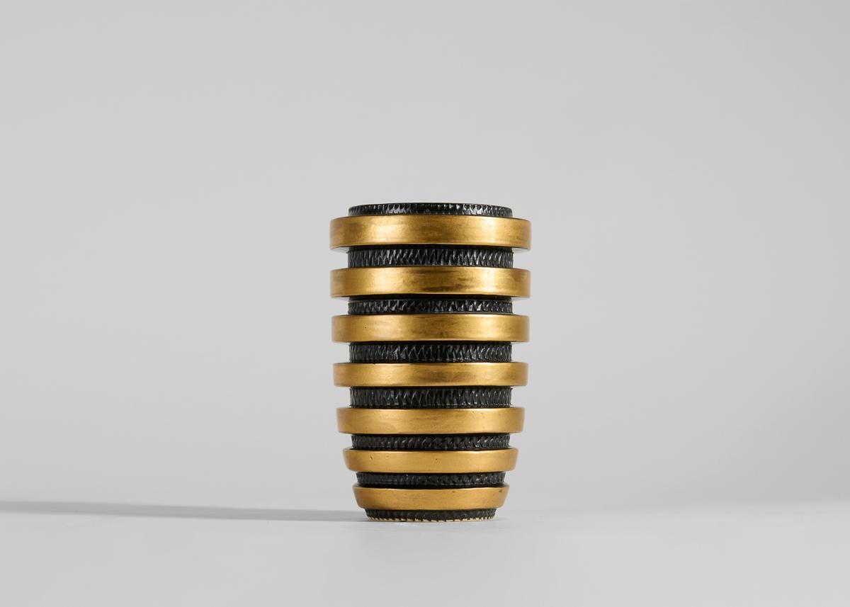 French Jean Luce, Art Deco Black Vase w/ Golden Bands, Glazed Stoneware, France, c 1928 For Sale