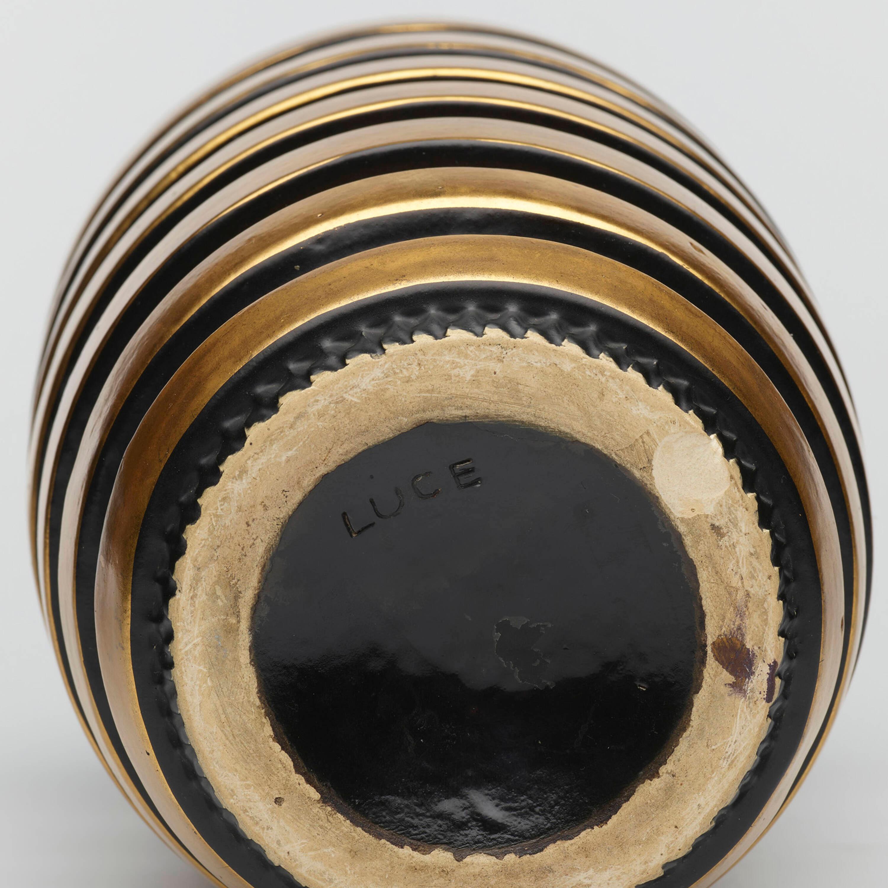 Early 20th Century Jean Luce, Art Deco Black Vase w/ Golden Bands, Glazed Stoneware, France, c 1928 For Sale
