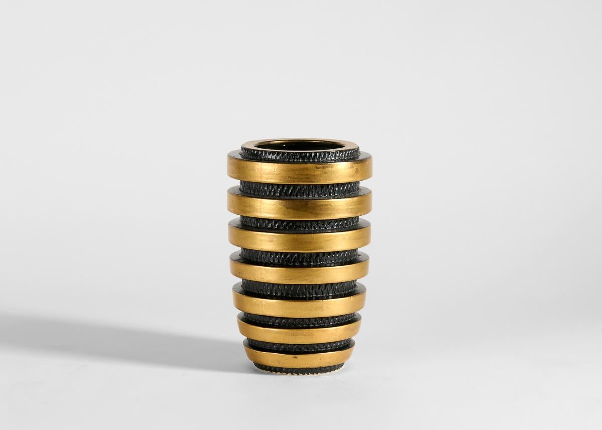 Jean Luce, Art Deco Black Vase w/ Golden Bands, Glazed Stoneware, France, c 1928 For Sale 2