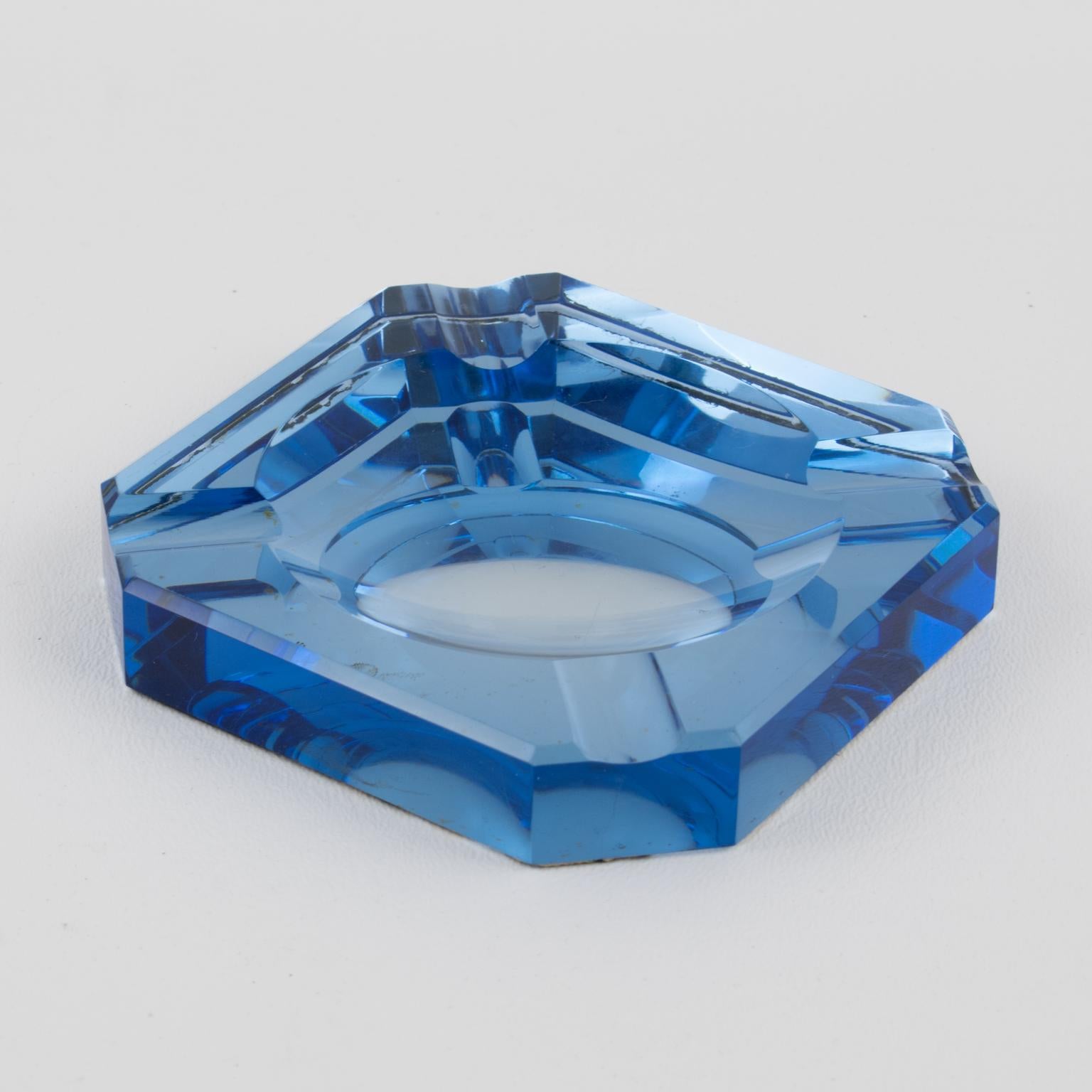 French Jean Luce Art Deco Blue Mirror Glass Ashtray Desk Tidy, France 1930s For Sale