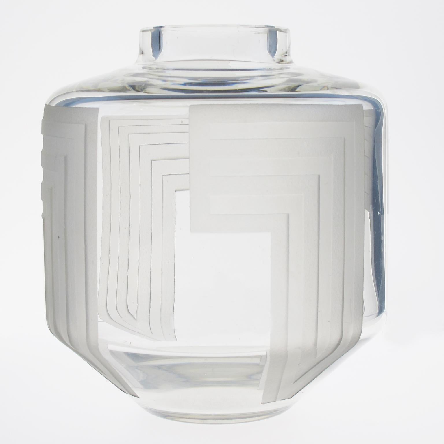 French Jean Luce Art Deco Geometric Acid Etched Vase For Sale