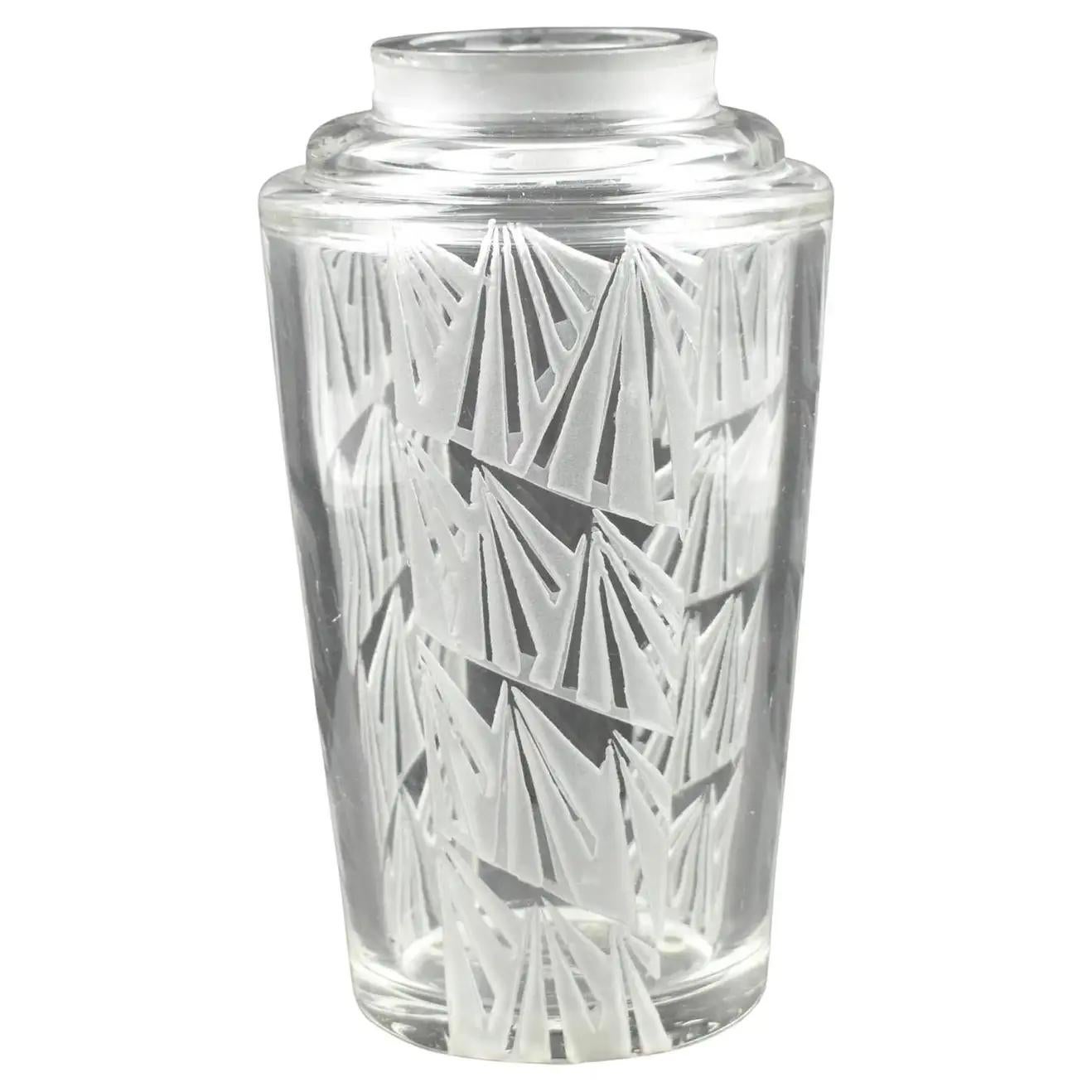 Jean Luce Art Deco Geometric Etched Glass Vase, 1930s 6