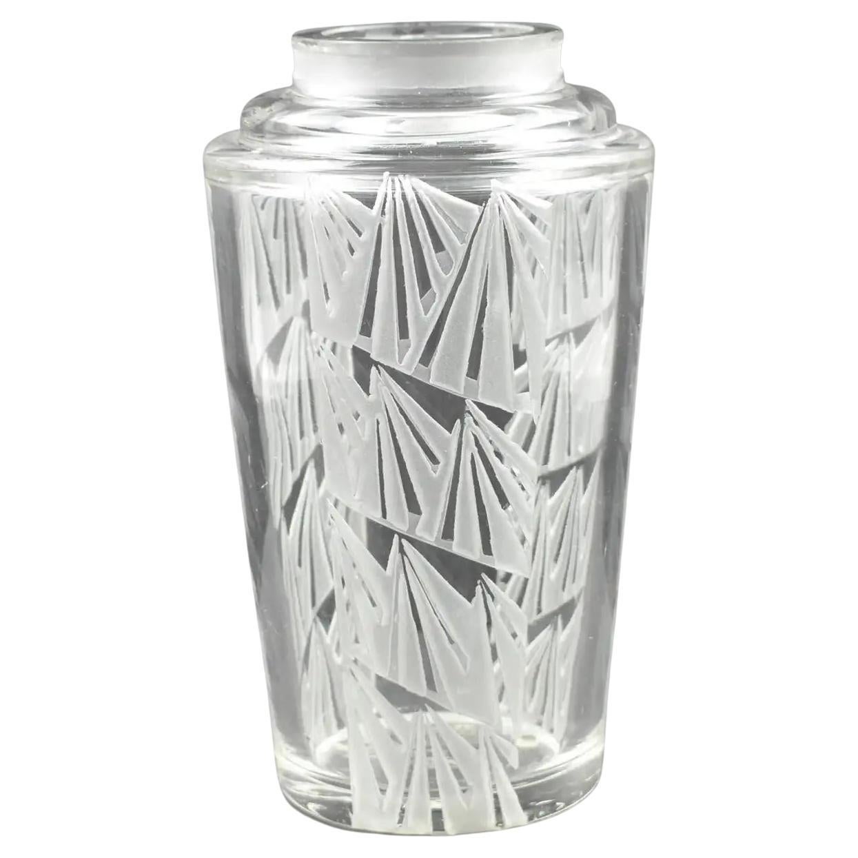 Jean Luce Art Deco Geometric Etched Glass Vase, 1930s For Sale
