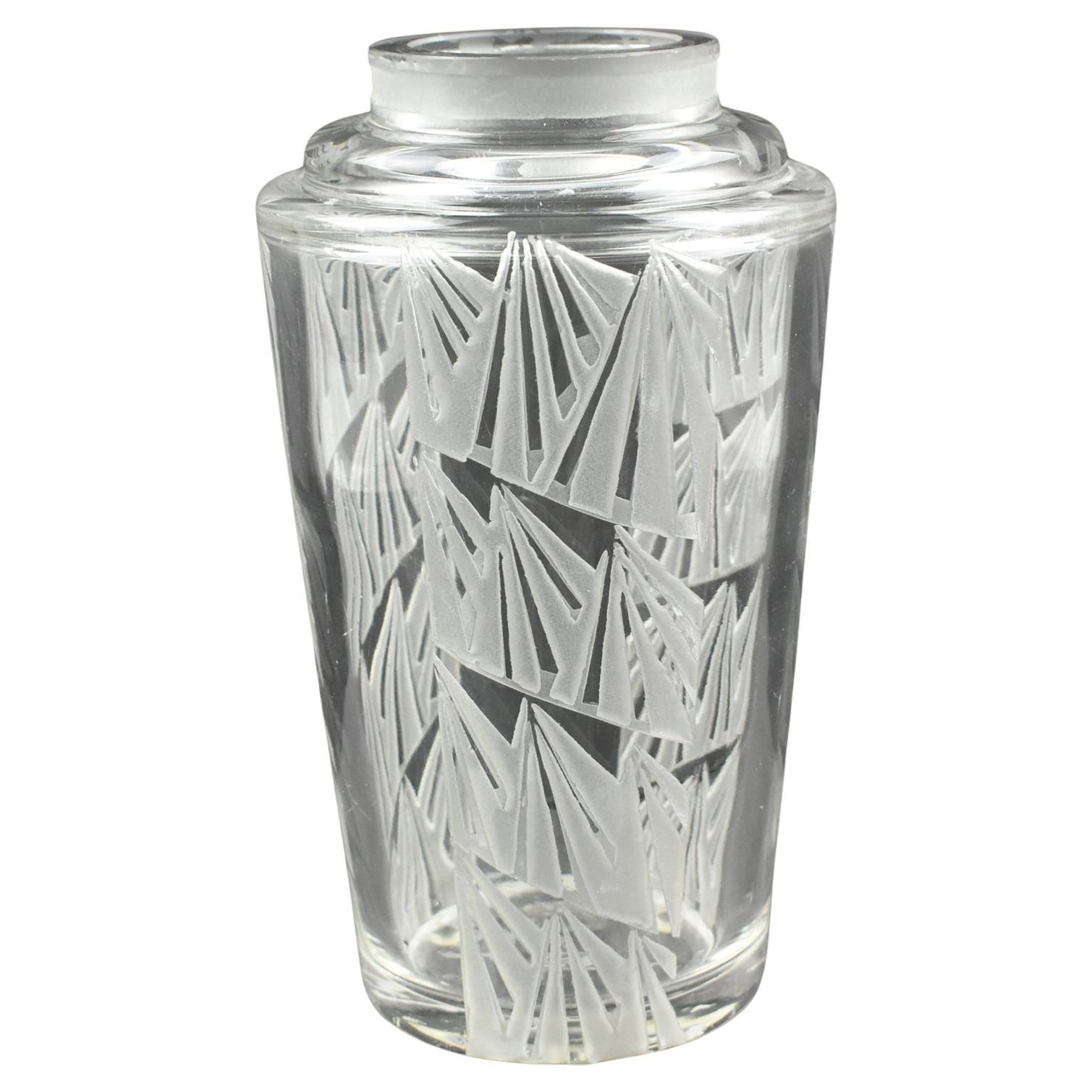 Jean Luce Art Deco Geometric Etched Glass Vase, France 1930s For Sale