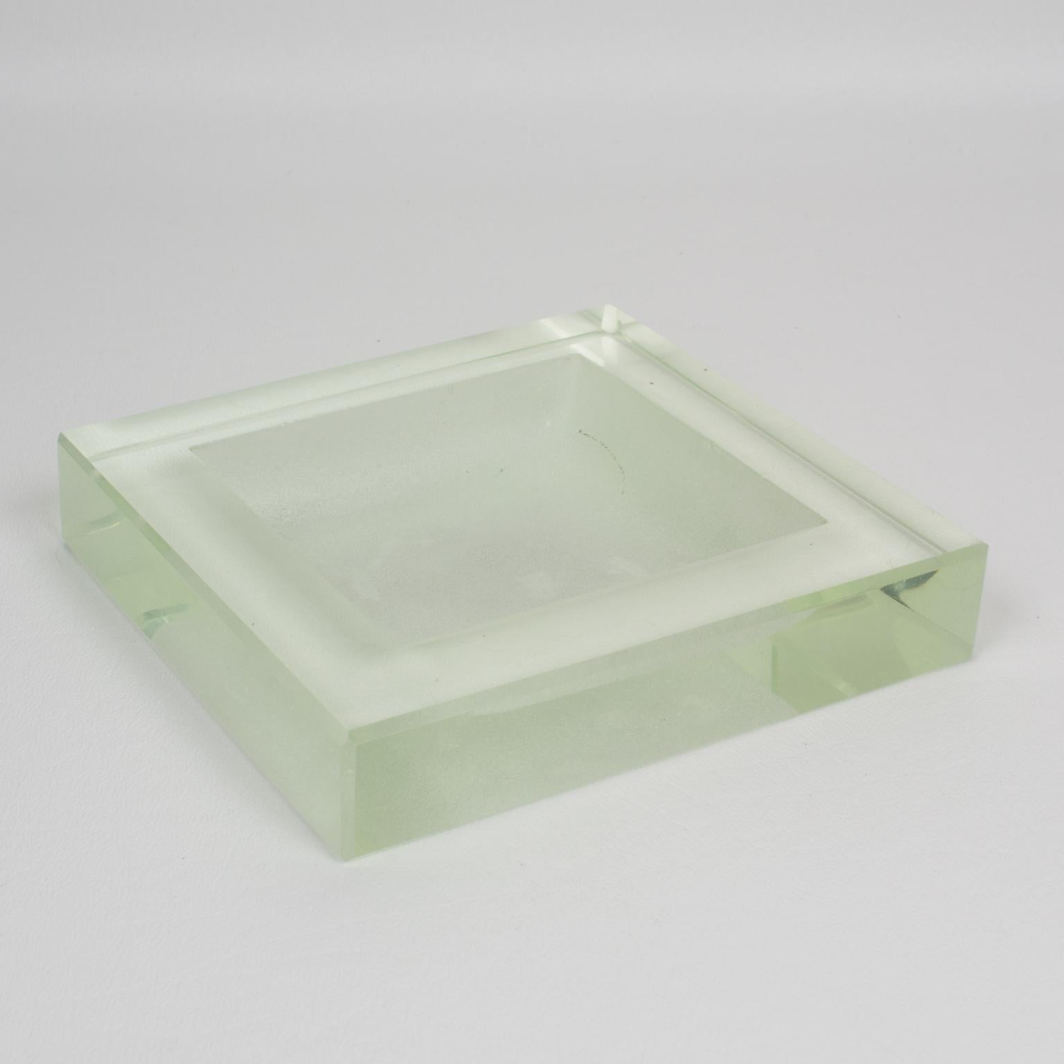 Elegant Art Deco thick clear glass slab ashtray or desk tidy by French designer Jean Luce (1895-1964). Square shape with an etched center in a frosted textured pattern. A perfect accessory for the desk as a catchall or a cigar ashtray as well as a