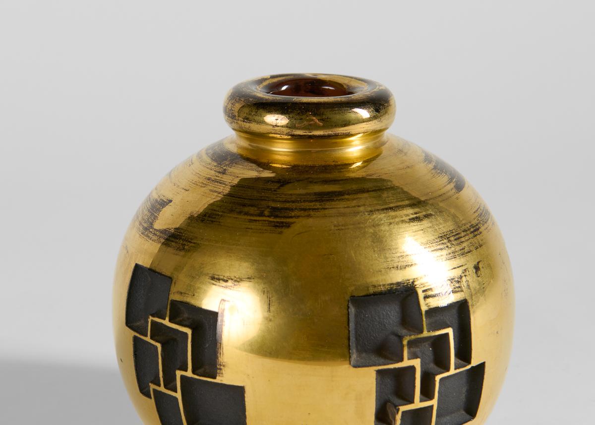 Realizzato con acquaforte Jean Luce, Vaso Art Deco con motivo geometrico, Gres smaltato, Francia, 1928 ca. in vendita