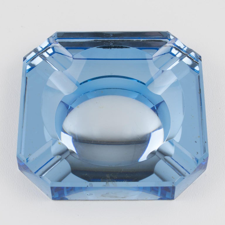Mid-20th Century Jean Luce French Art Deco Blue Mirror Glass Ashtray Desk Tidy For Sale
