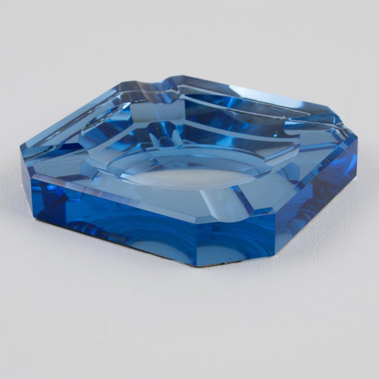 Jean Luce French Art Deco Blue Mirror Glass Ashtray Desk Tidy For Sale 1