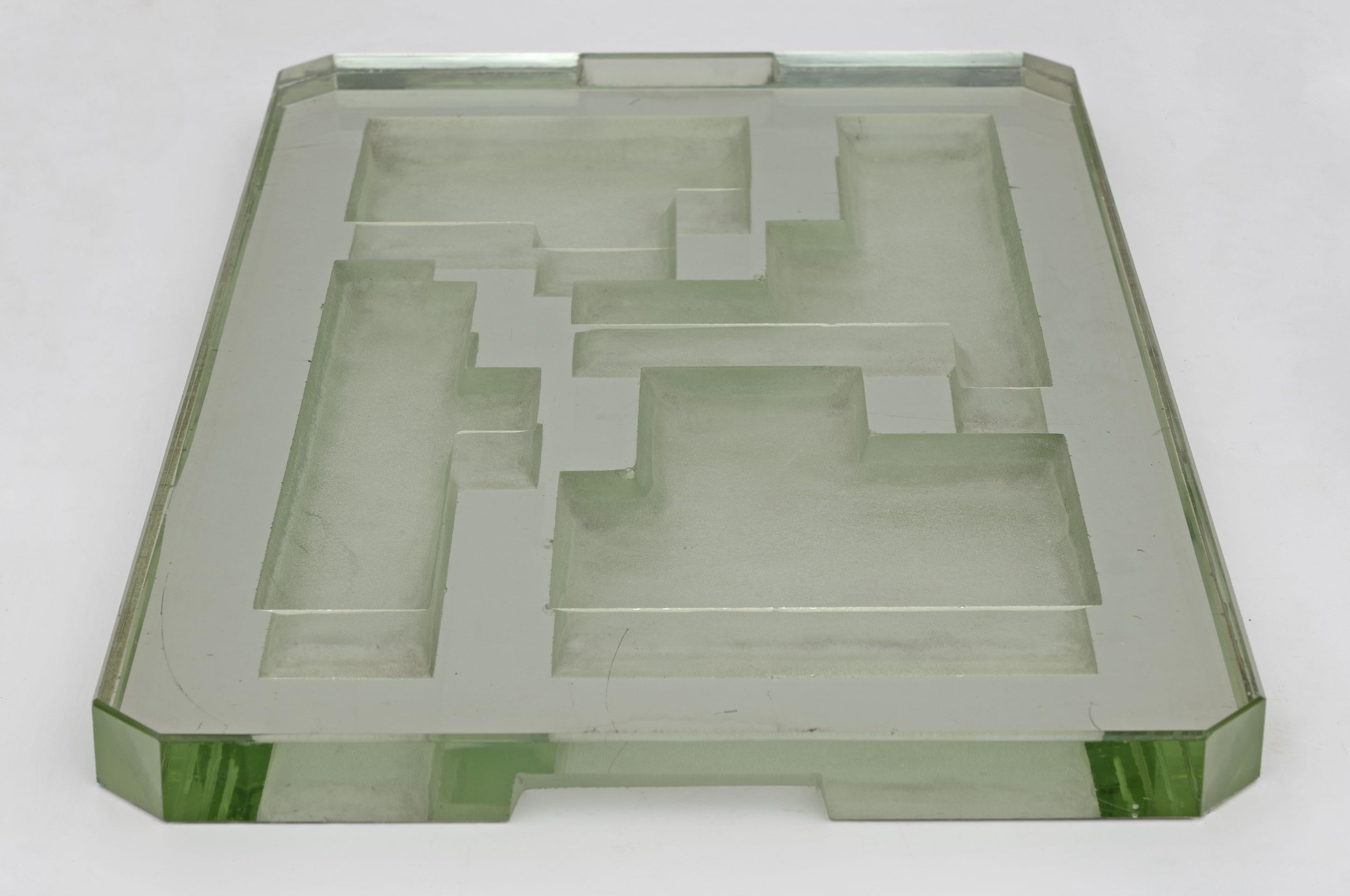 Etched Jean Luce Modernist Large Center Piece Tray Thiks Glass, 1930s