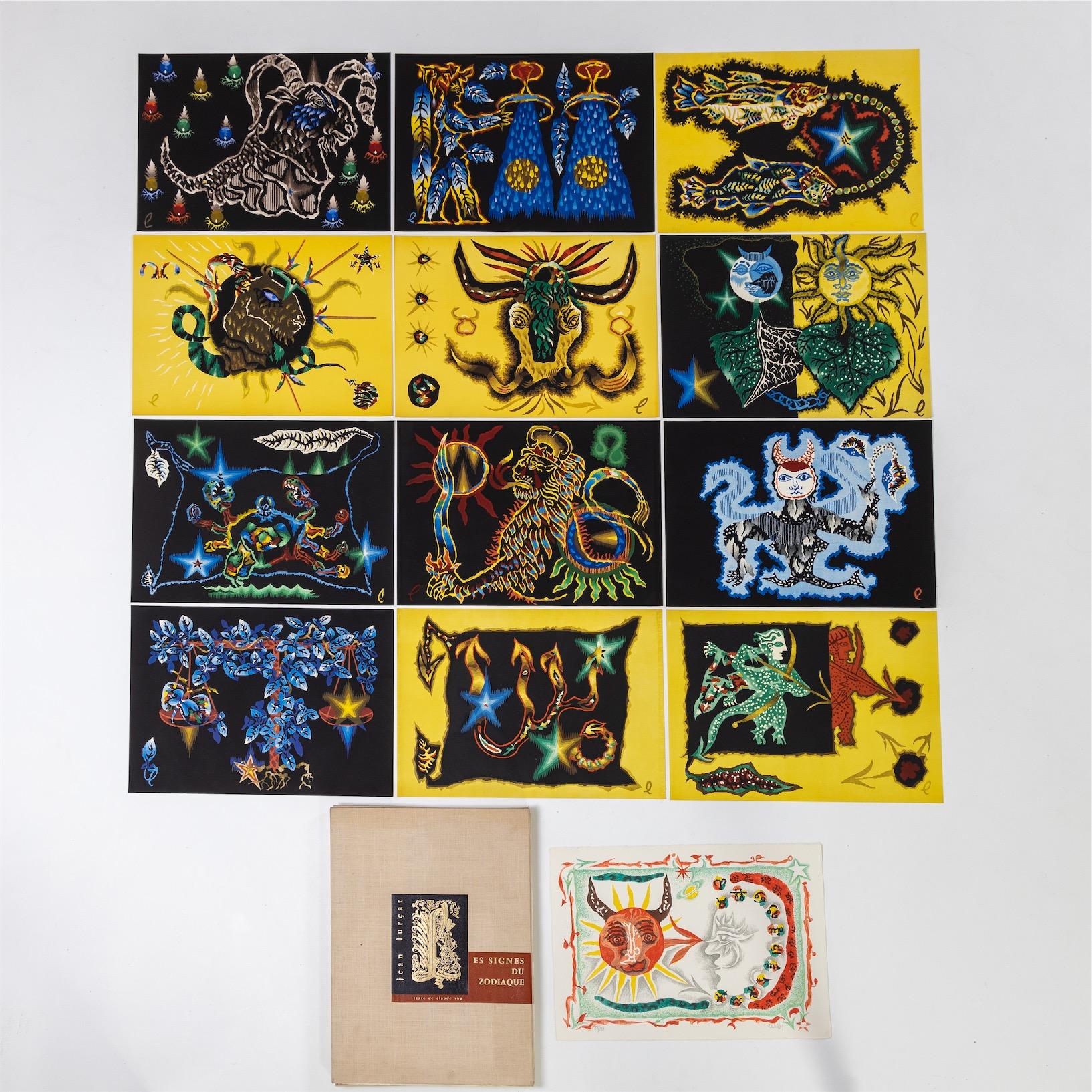 Jean Lurçat (1892 – 1966) with texts by Claude Roy (1915 – 1997). Les Signes du zodiaque, 1959.
Portfolio consists of 12 coloured lithogaphs on wove paper by Arches, plus a original coloured lithograph signed and numbered 88/150 as well as