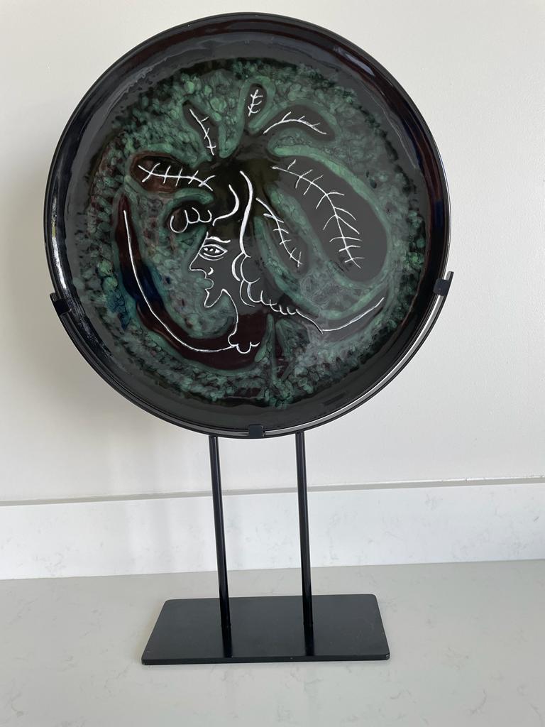Jean Lurcat  Glazed Ceramic Plate, Green & Black,  Medusa, c1955, France  In Good Condition For Sale In London, GB