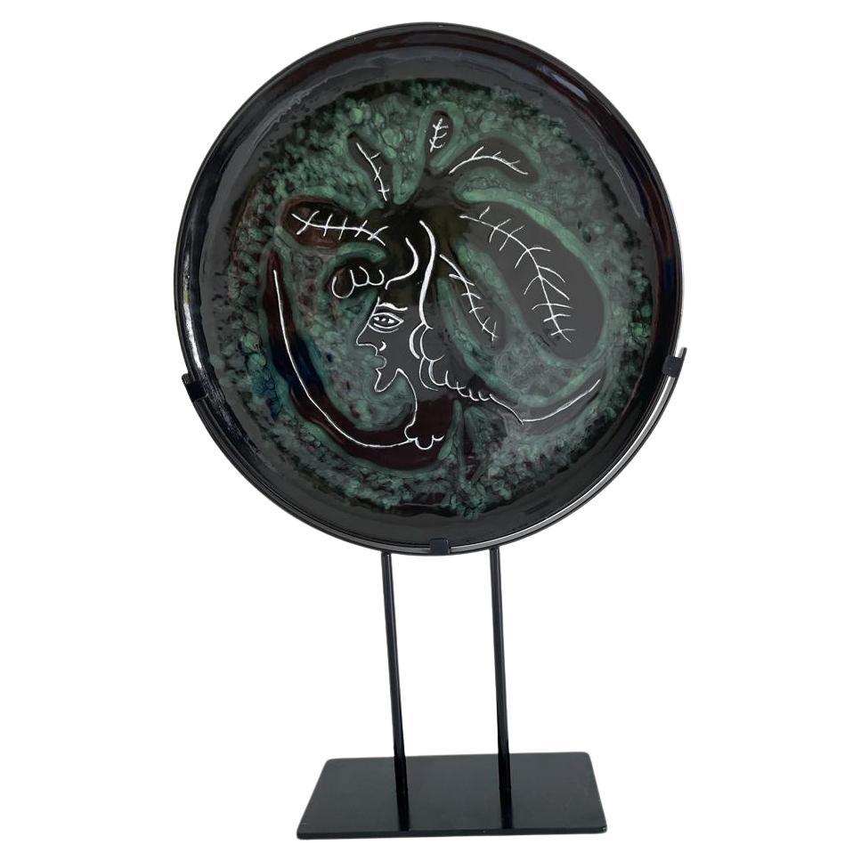 Jean Lurcat  Glazed Ceramic Plate, Green & Black,  Medusa, c1955, France  For Sale