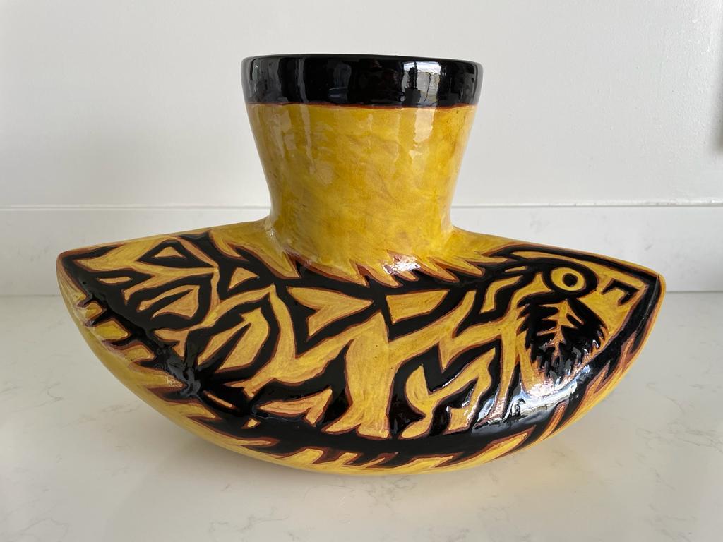Jean Lurcat  yellow hand painted glazed ceramic vase with sea creatures , Sant Vincens, Circa 1955, France.


