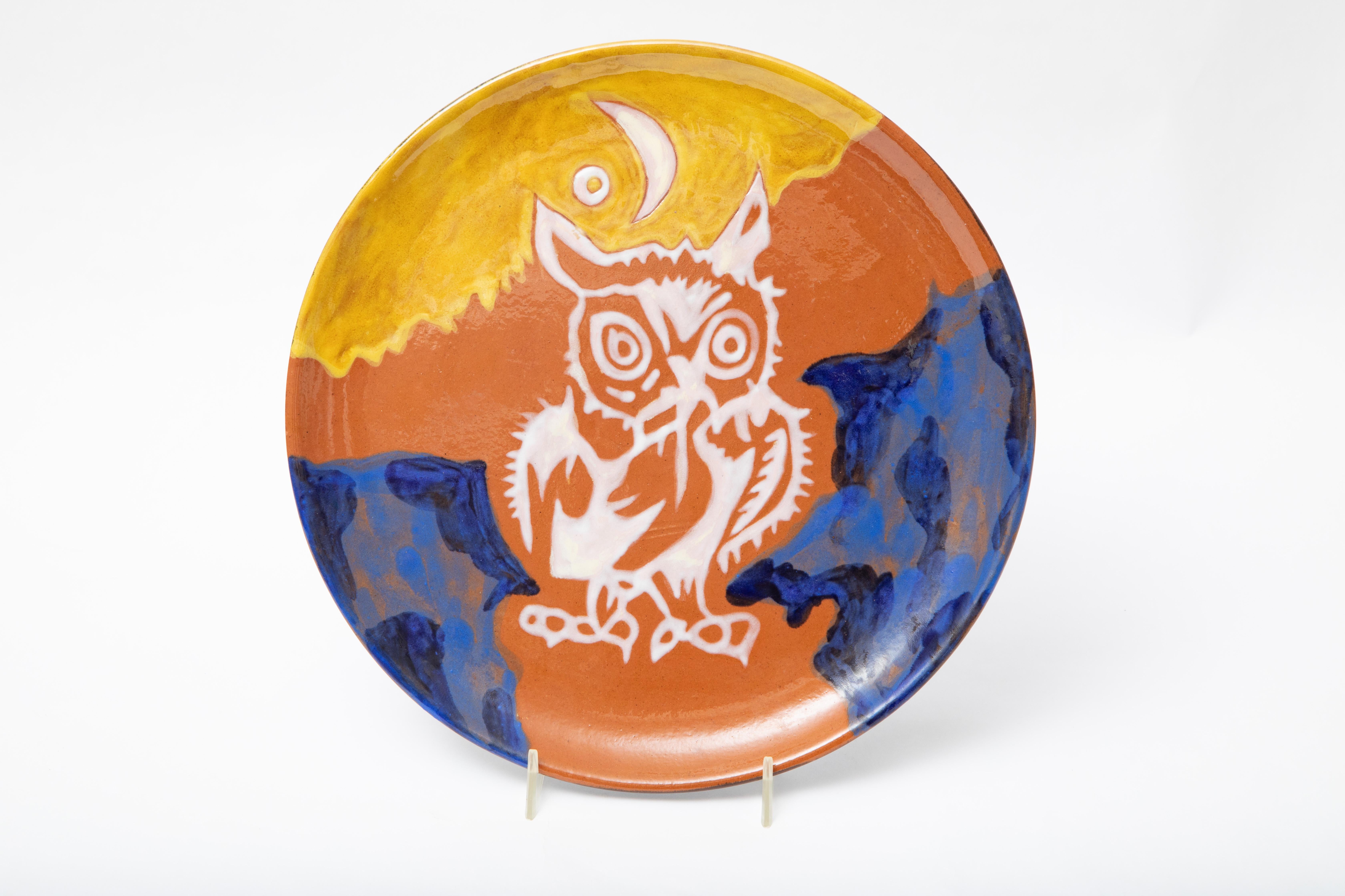 Mid-Century Modern Jean Lurcat Hand Painted Ceramic Glazed Wall Plate, Owl 