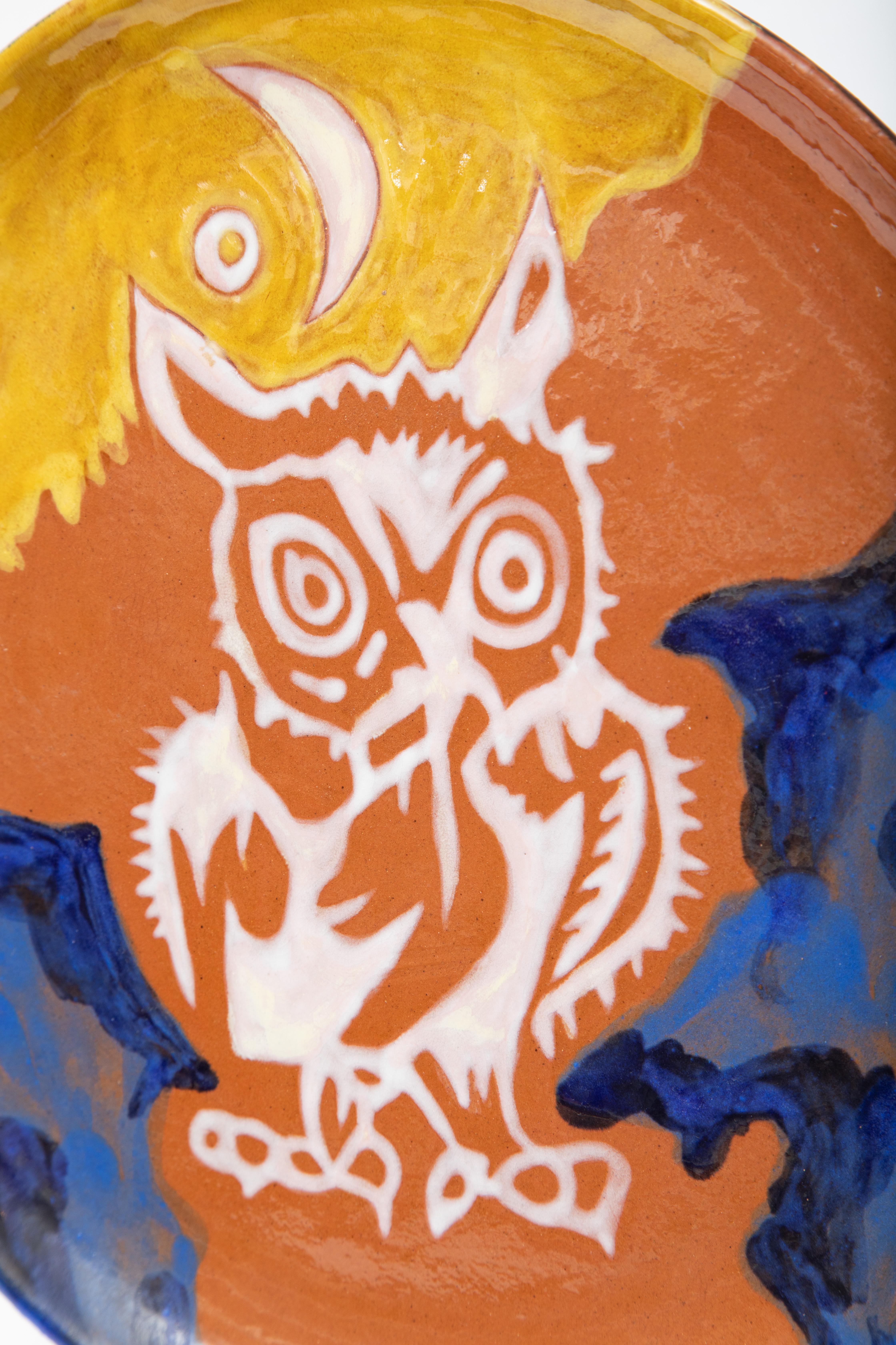 French Jean Lurcat Hand Painted Ceramic Glazed Wall Plate, Owl 
