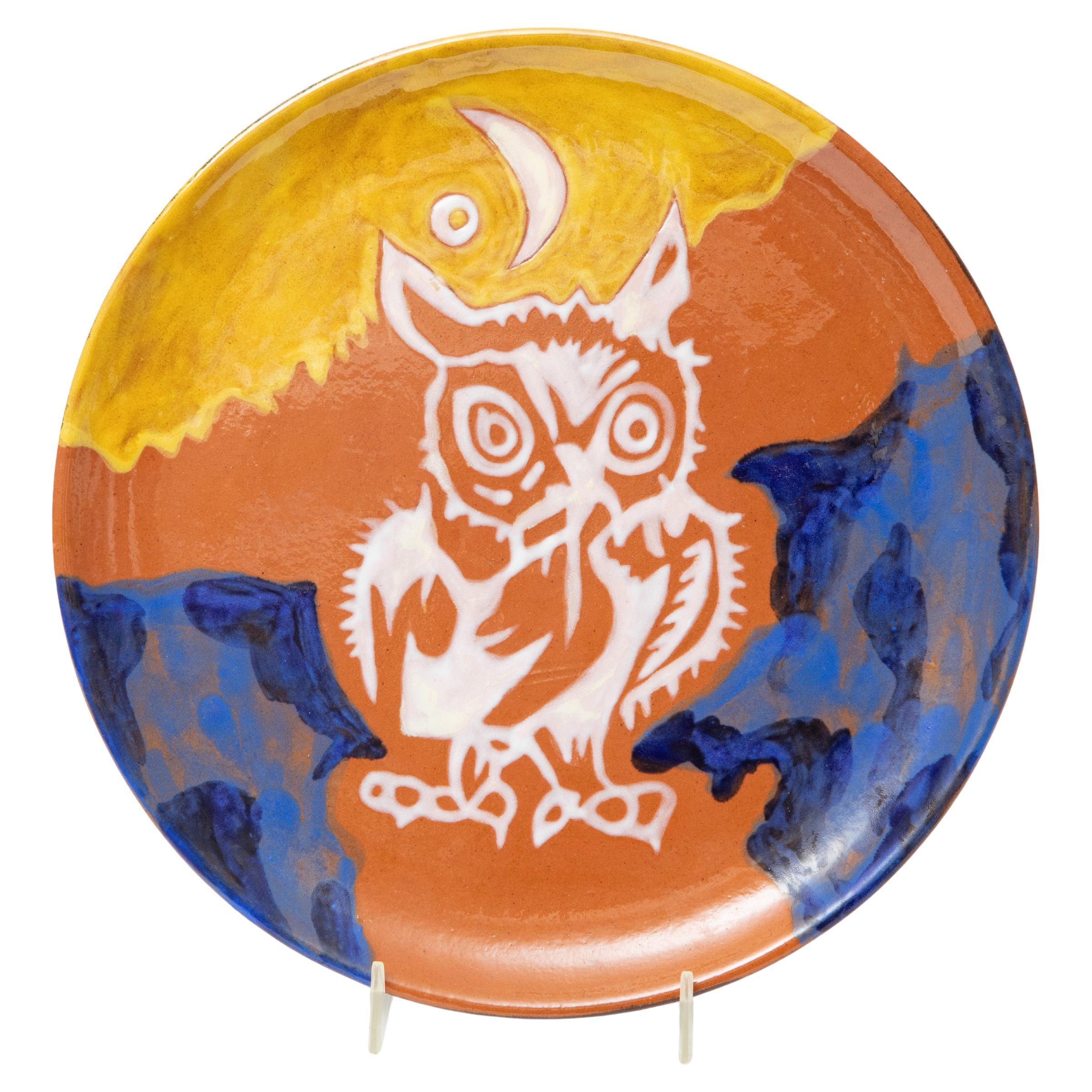 Piatto da parete in ceramica smaltata dipinta a mano di Jean Lurcat, gufo "Chouette", circa anni '50