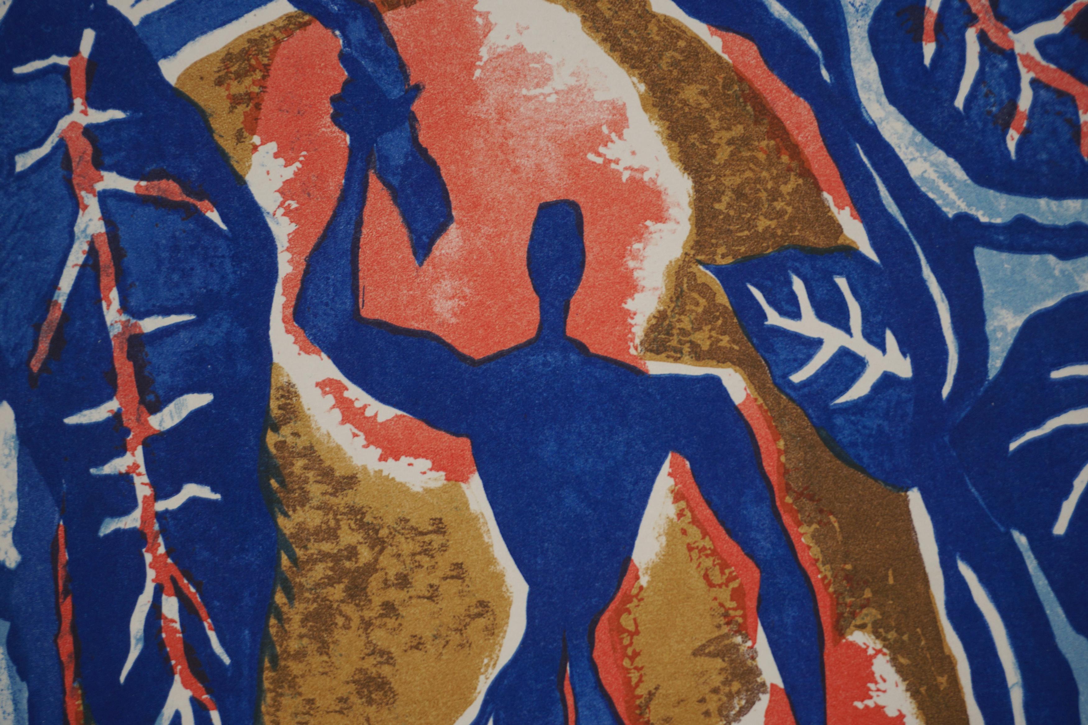 Magnifique lithographie en couleurs du début du 20e siècle représentant un homme abstrait avec des feuilles, intitulée 