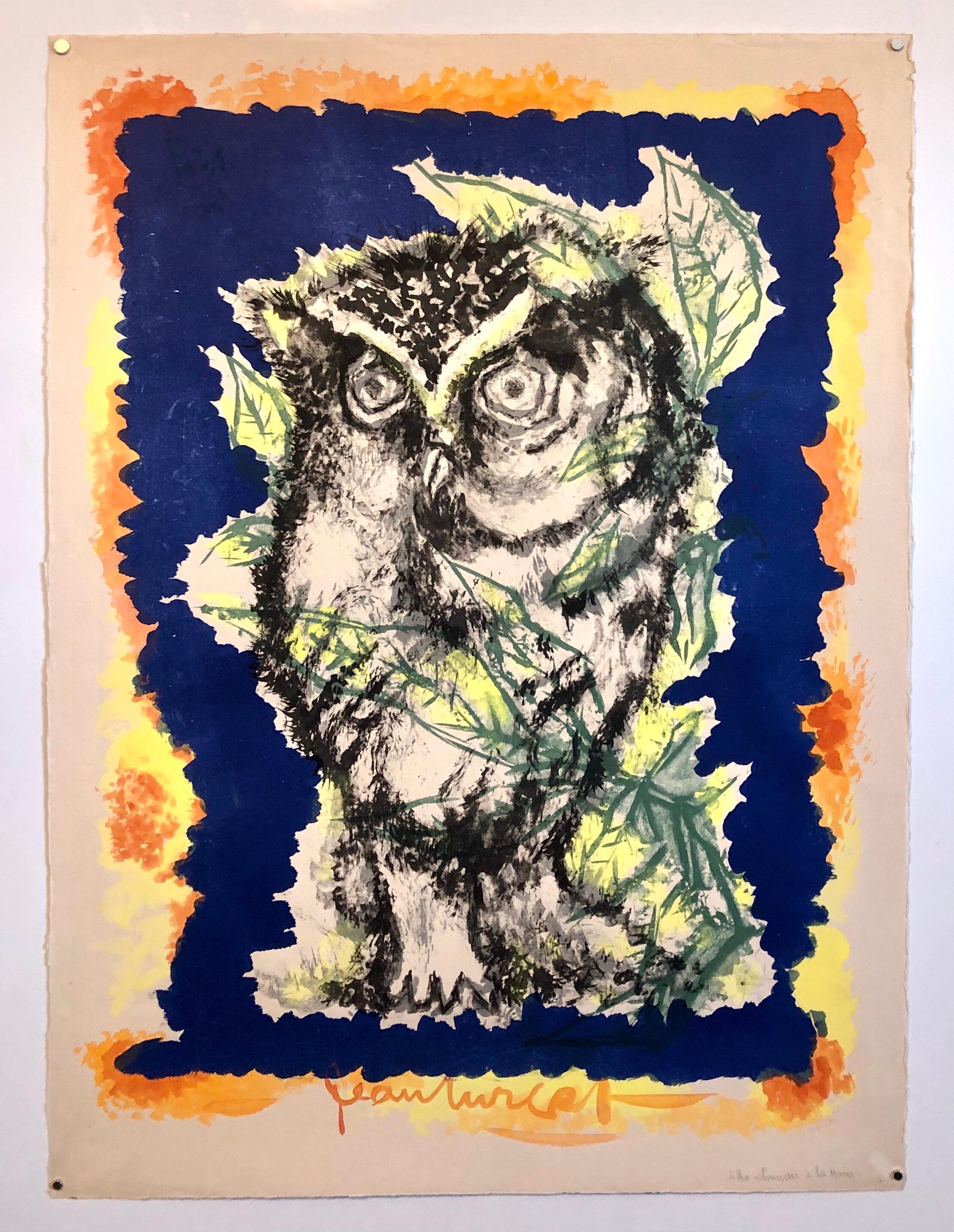Vintage French Modernist Jean Lurcat Watercolor Painting Mod Blue and Orange Owl 7