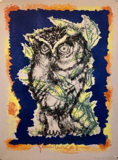 Aquarelle Jean Lurcat - Hibou bleu et orange, style moderniste français vintage